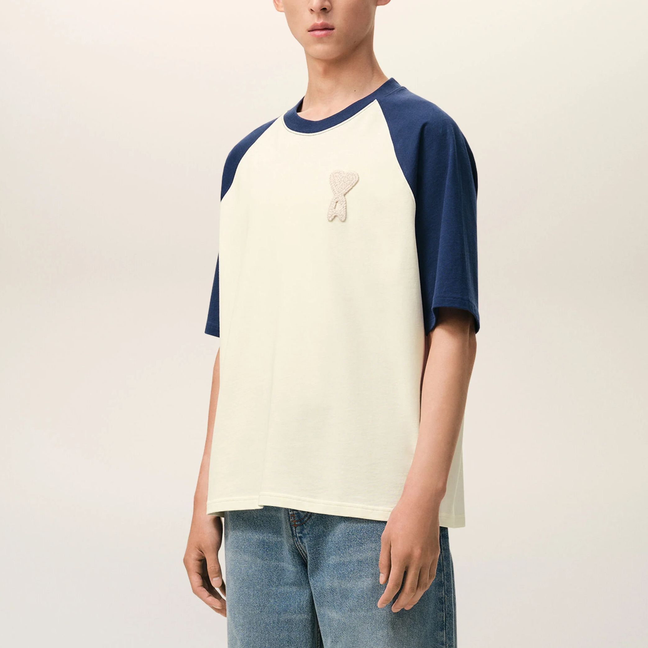 ホワイト＆ブルー コットン Ami De Coeur ニットパッチ Tシャツ