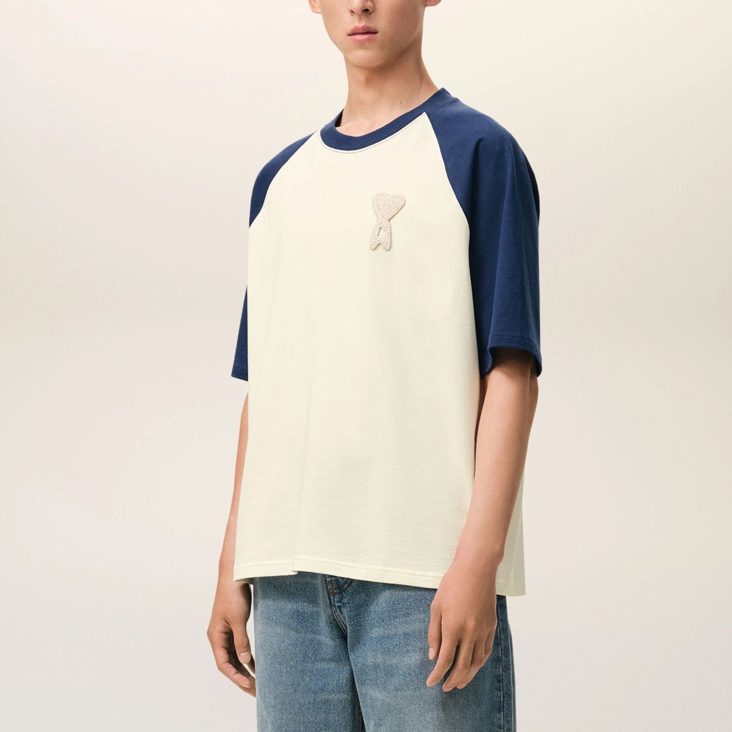 ホワイト＆ブルー コットン Ami De Coeur ニットパッチ Tシャツ