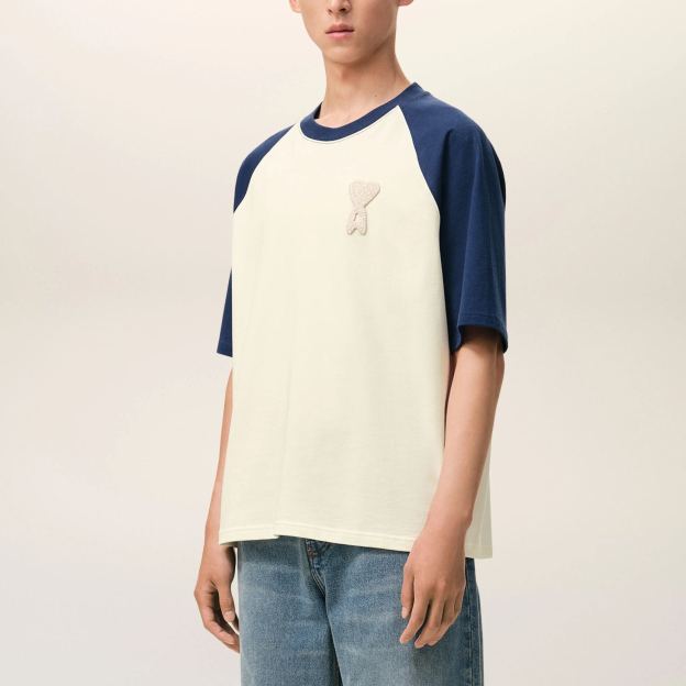 ホワイト＆ブルー コットン Ami De Coeur ニットパッチ Tシャツ