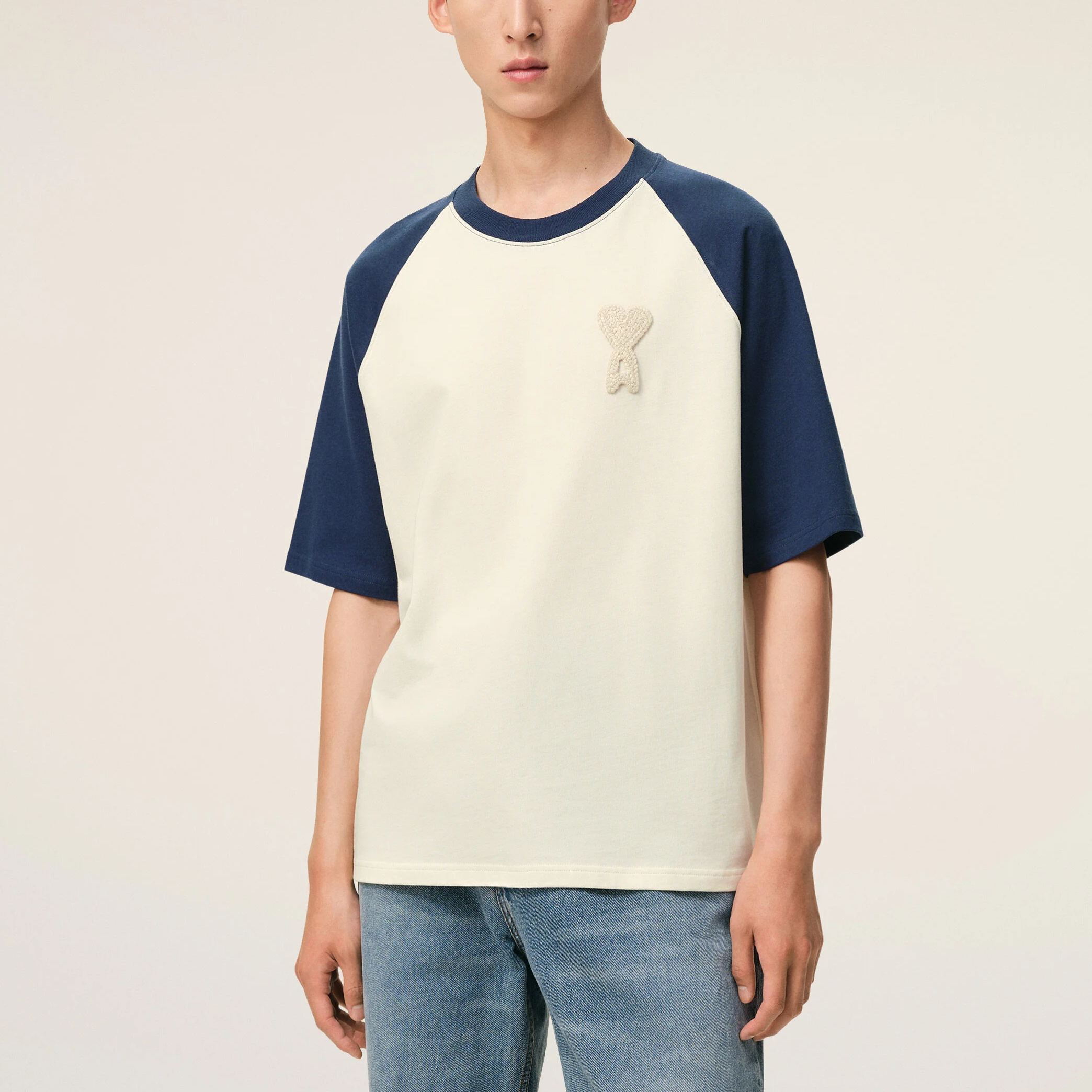 ホワイト＆ブルー コットン Ami De Coeur ニットパッチ Tシャツ