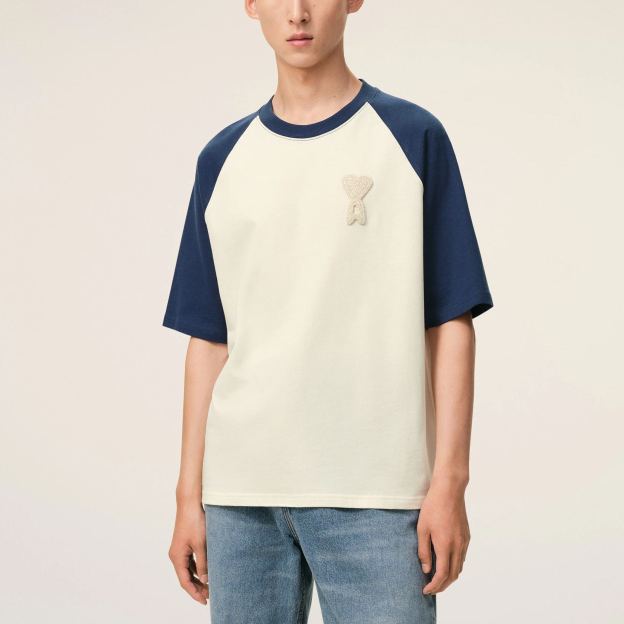 ホワイト＆ブルー コットン Ami De Coeur ニットパッチ Tシャツ