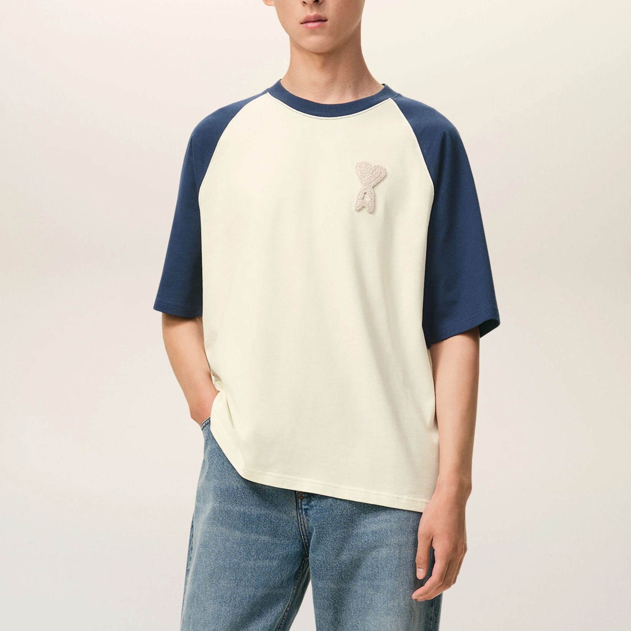 ホワイト＆ブルー コットン Ami De Coeur ニットパッチ Tシャツ