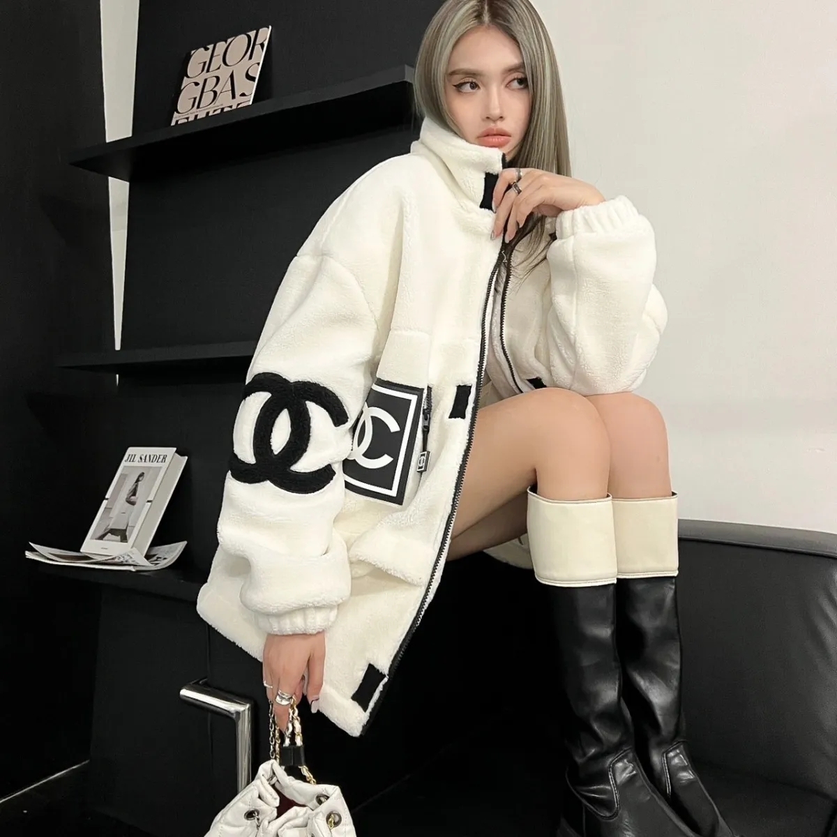 CHANELレトロ風インパクトカラー刺繍アルファベットファスナーカーディガンコート