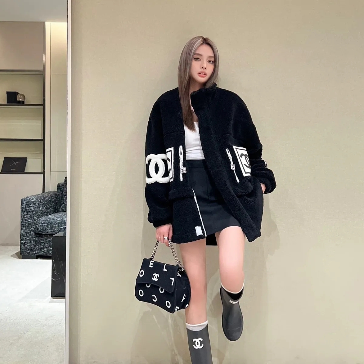 CHANELレトロ風インパクトカラー刺繍アルファベットファスナーカーディガンコート