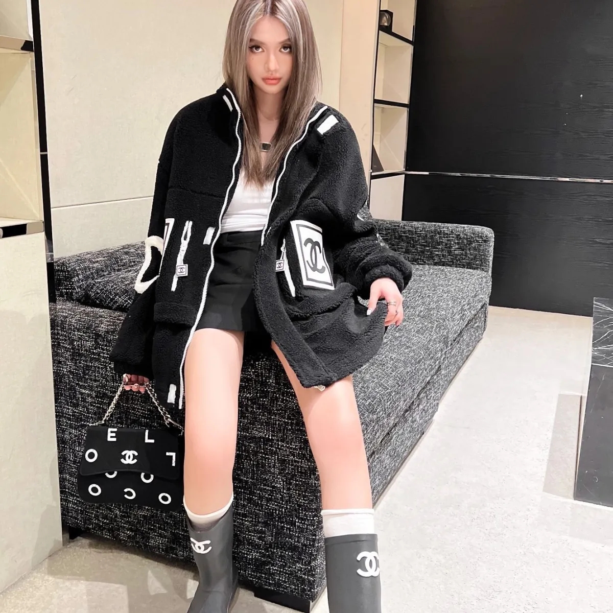 CHANELレトロ風インパクトカラー刺繍アルファベットファスナーカーディガンコート