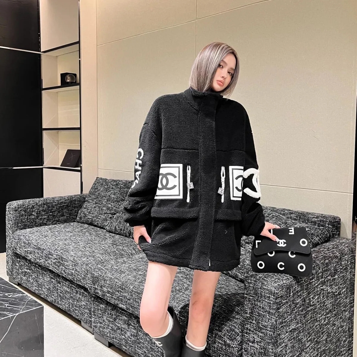 CHANELレトロ風インパクトカラー刺繍アルファベットファスナーカーディガンコート