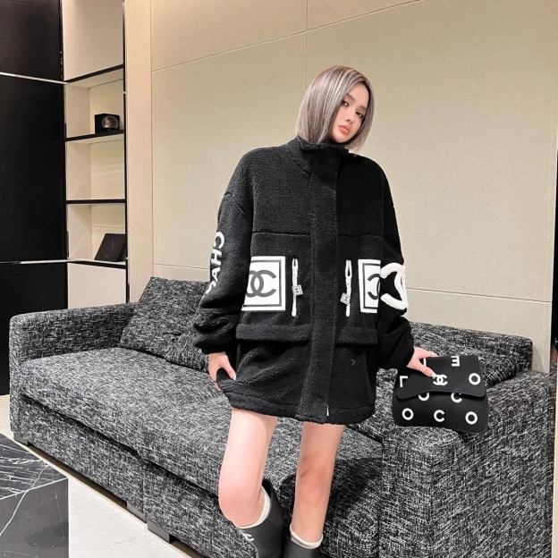 CHANELレトロ風インパクトカラー刺繍アルファベットファスナーカーディガンコート