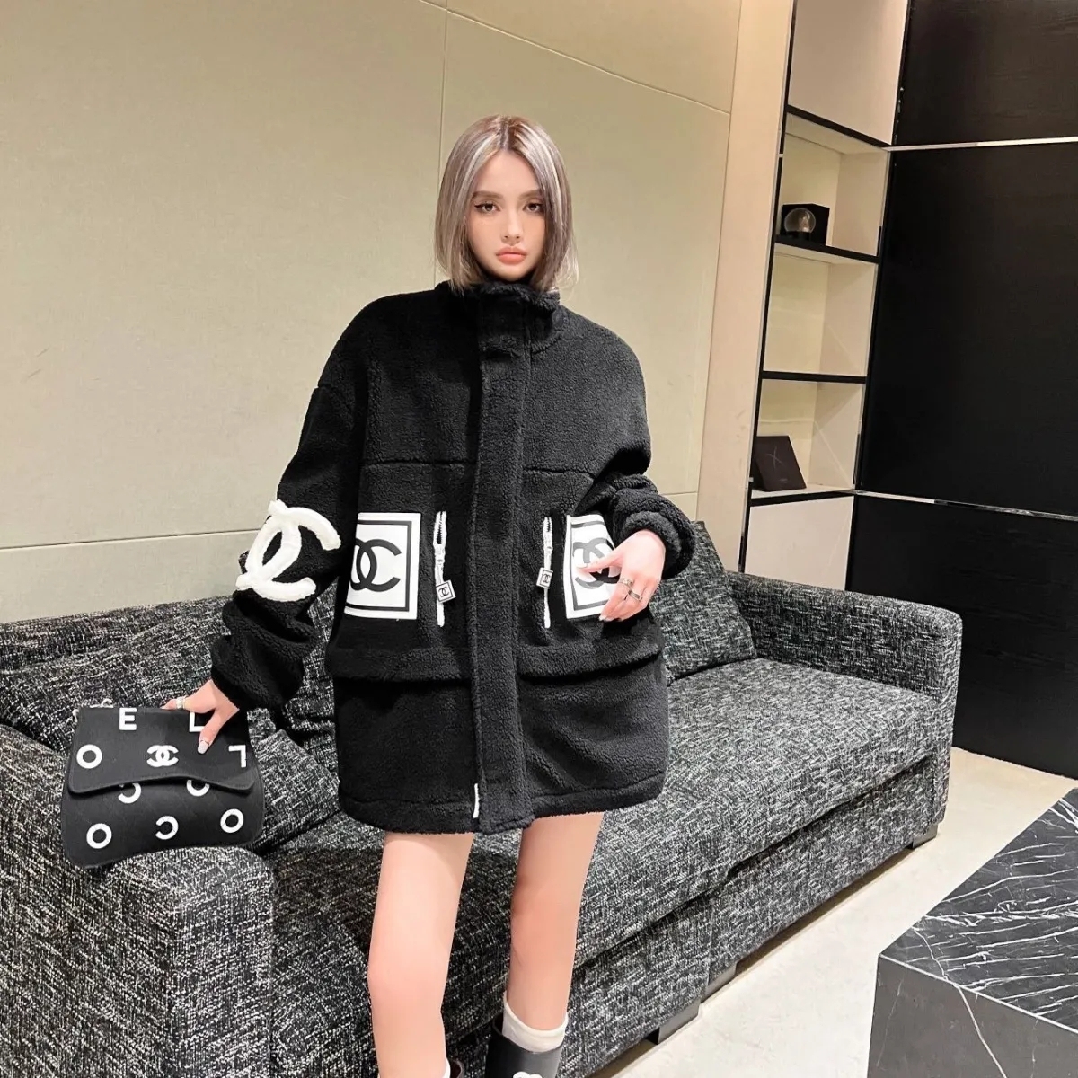 CHANELレトロ風インパクトカラー刺繍アルファベットファスナーカーディガンコート