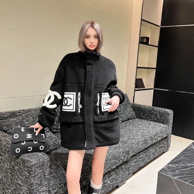 CHANELレトロ風インパクトカラー刺繍アルファベットファスナーカーディガンコート