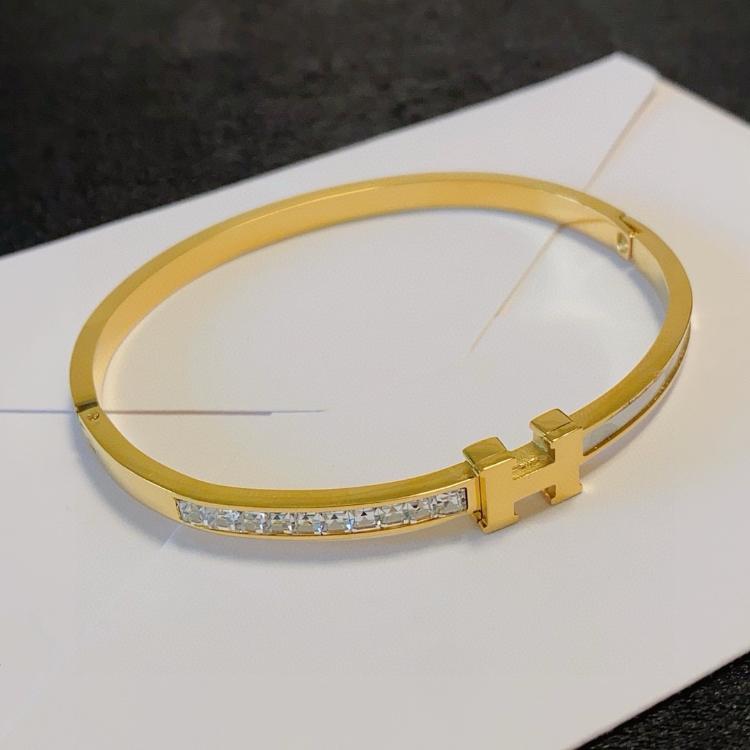 エルメス アンクレットブレスレット Hデザイン ダイヤモンド&マザーオブパール 極厚仕上げ