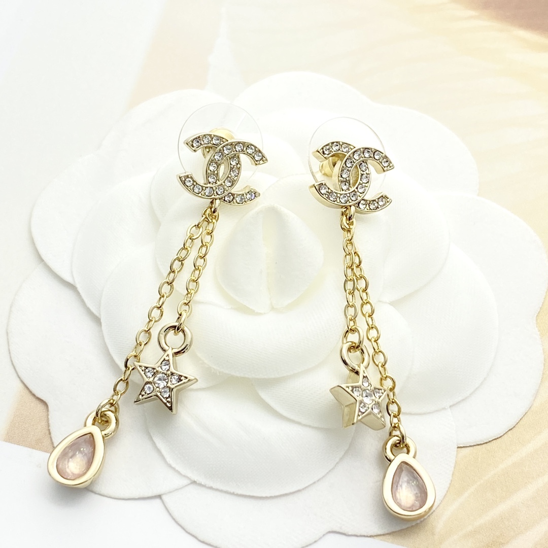 CHANEL ゴールド フルダイヤ CCスター フリンジイヤリング