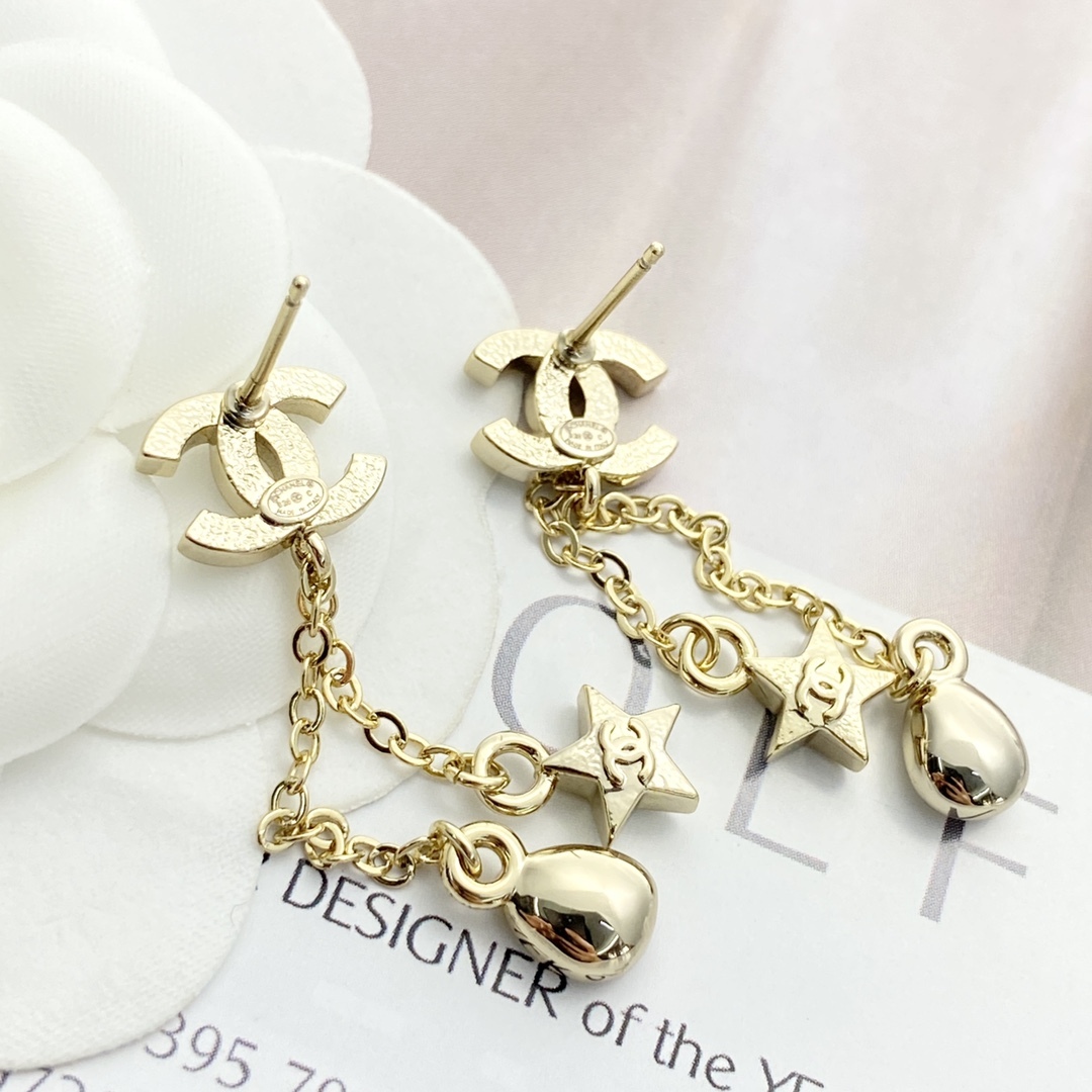 CHANEL ゴールド フルダイヤ CCスター フリンジイヤリング