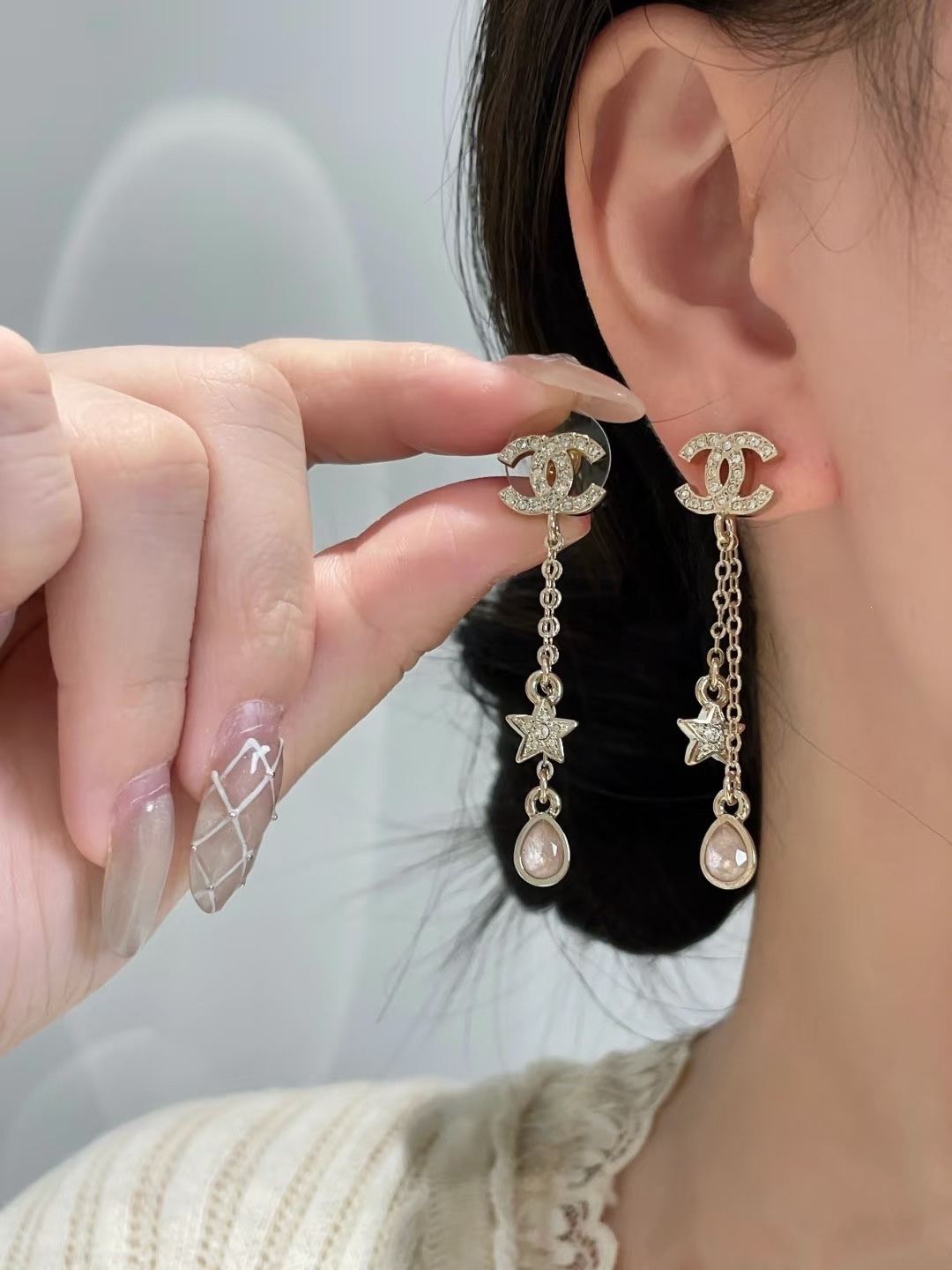 CHANEL ゴールド フルダイヤ CCスター フリンジイヤリング