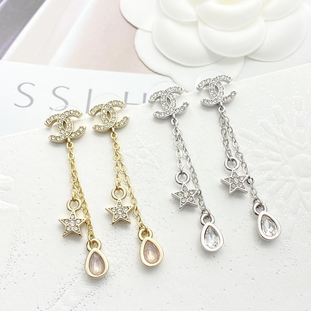 CHANEL ゴールド フルダイヤ CCスター フリンジイヤリング