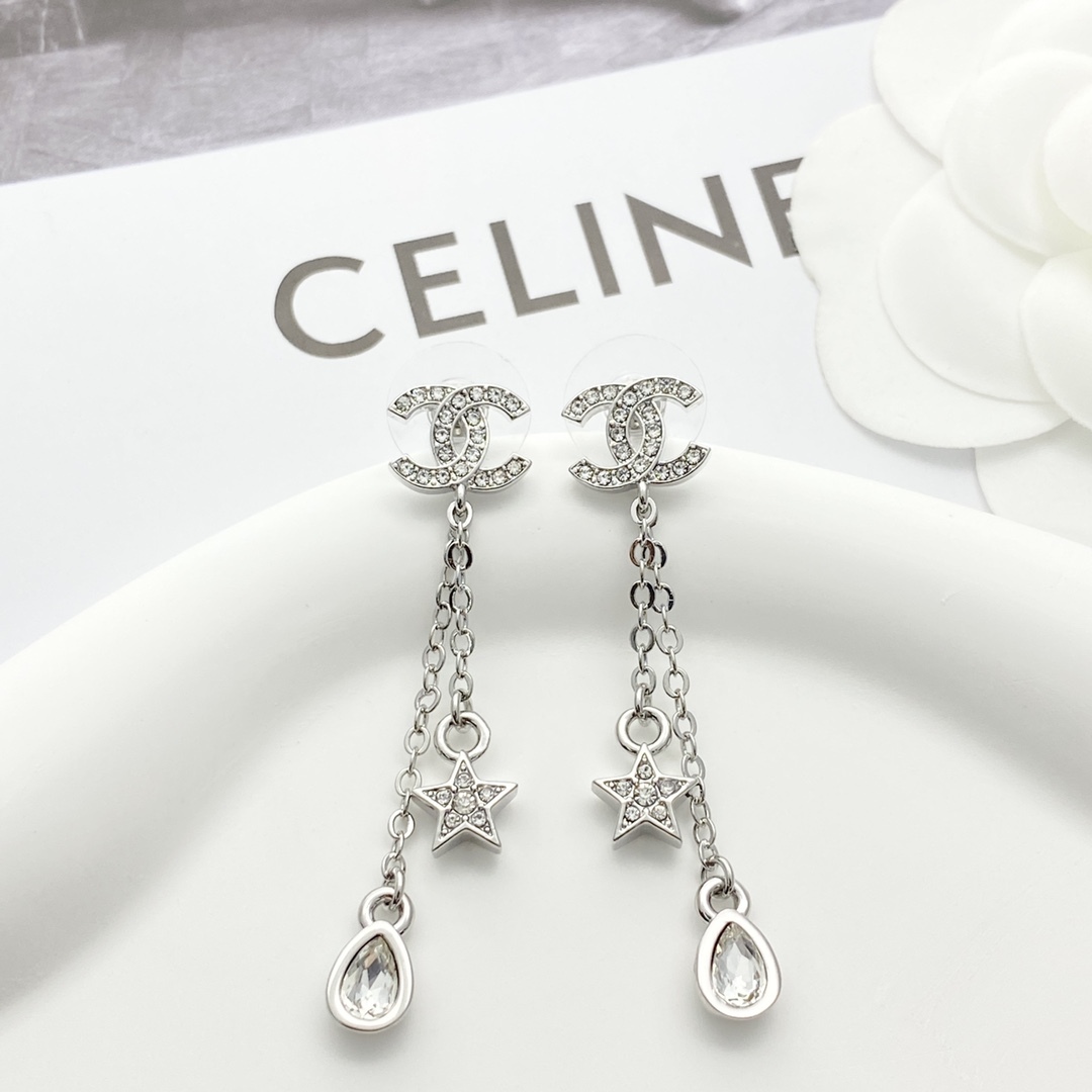 CHANEL ゴールド フルダイヤ CCスター フリンジイヤリング