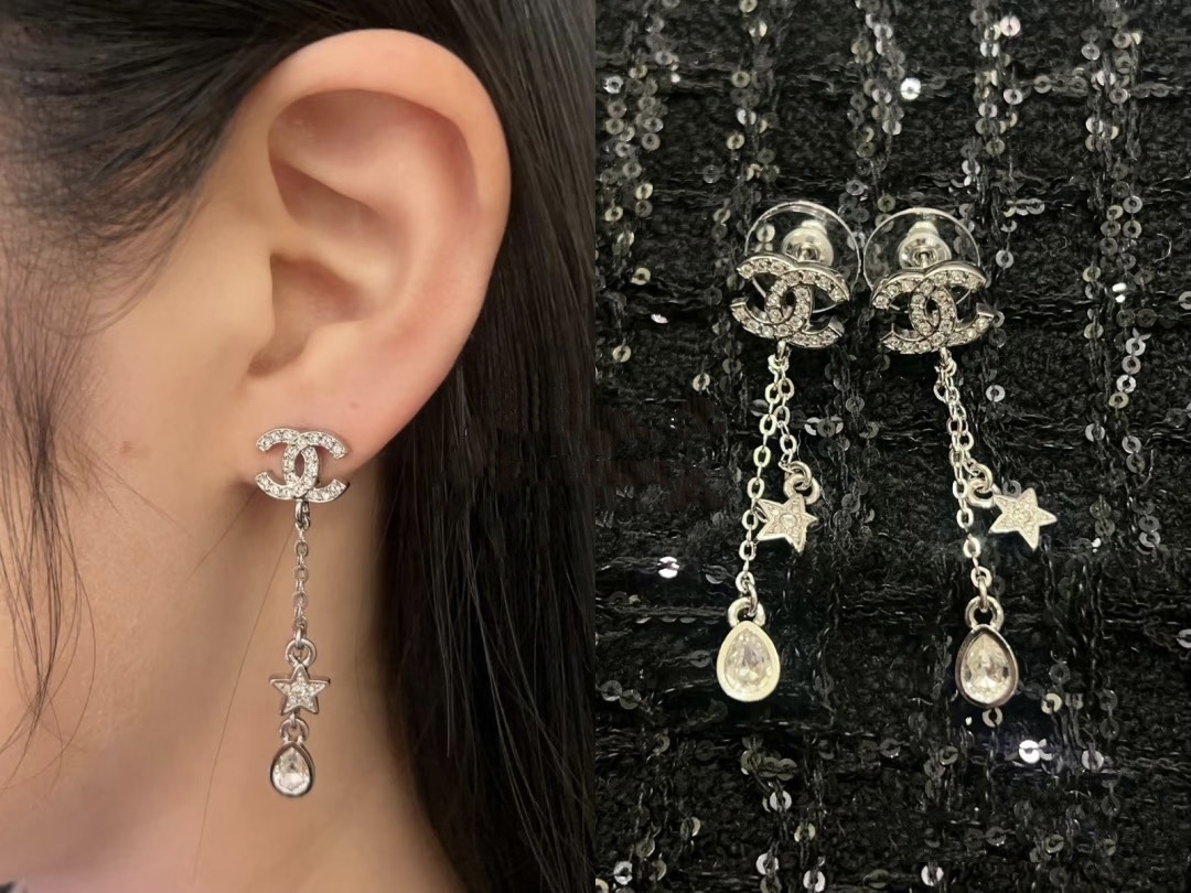 CHANEL ゴールド フルダイヤ CCスター フリンジイヤリング