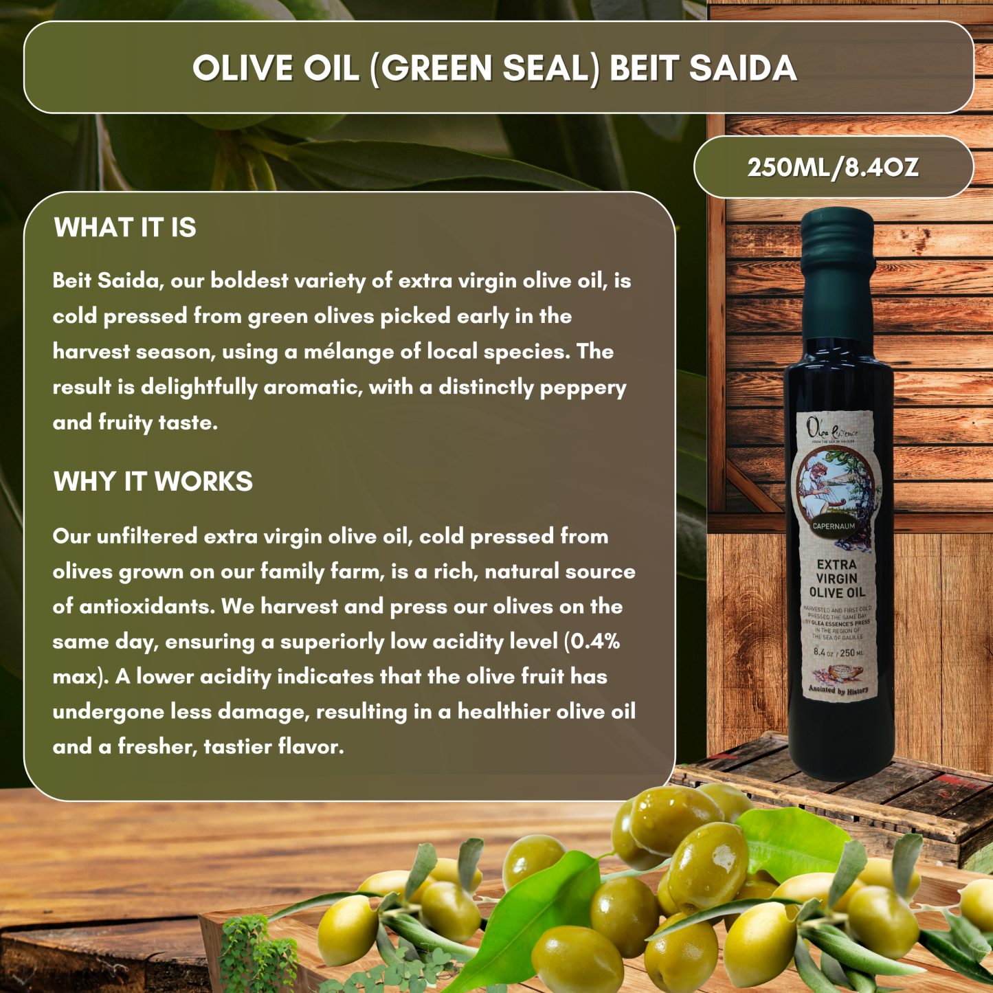 Beit Saida (Green Seal) Extra Virgin Olive Oil - Bottle - 250mL/8.4 oz