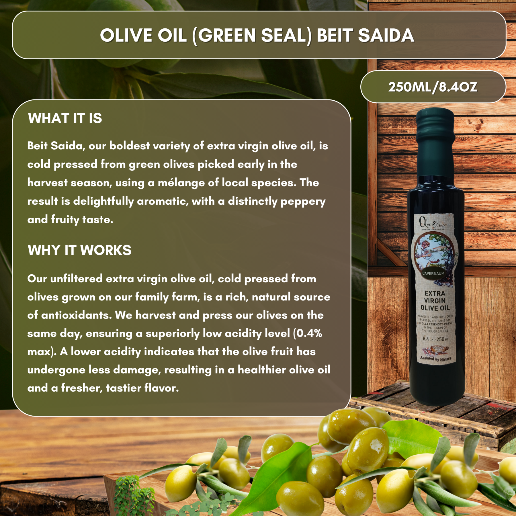 Beit Saida (Green Seal) Extra Virgin Olive Oil - Bottle - 250mL/8.4 oz