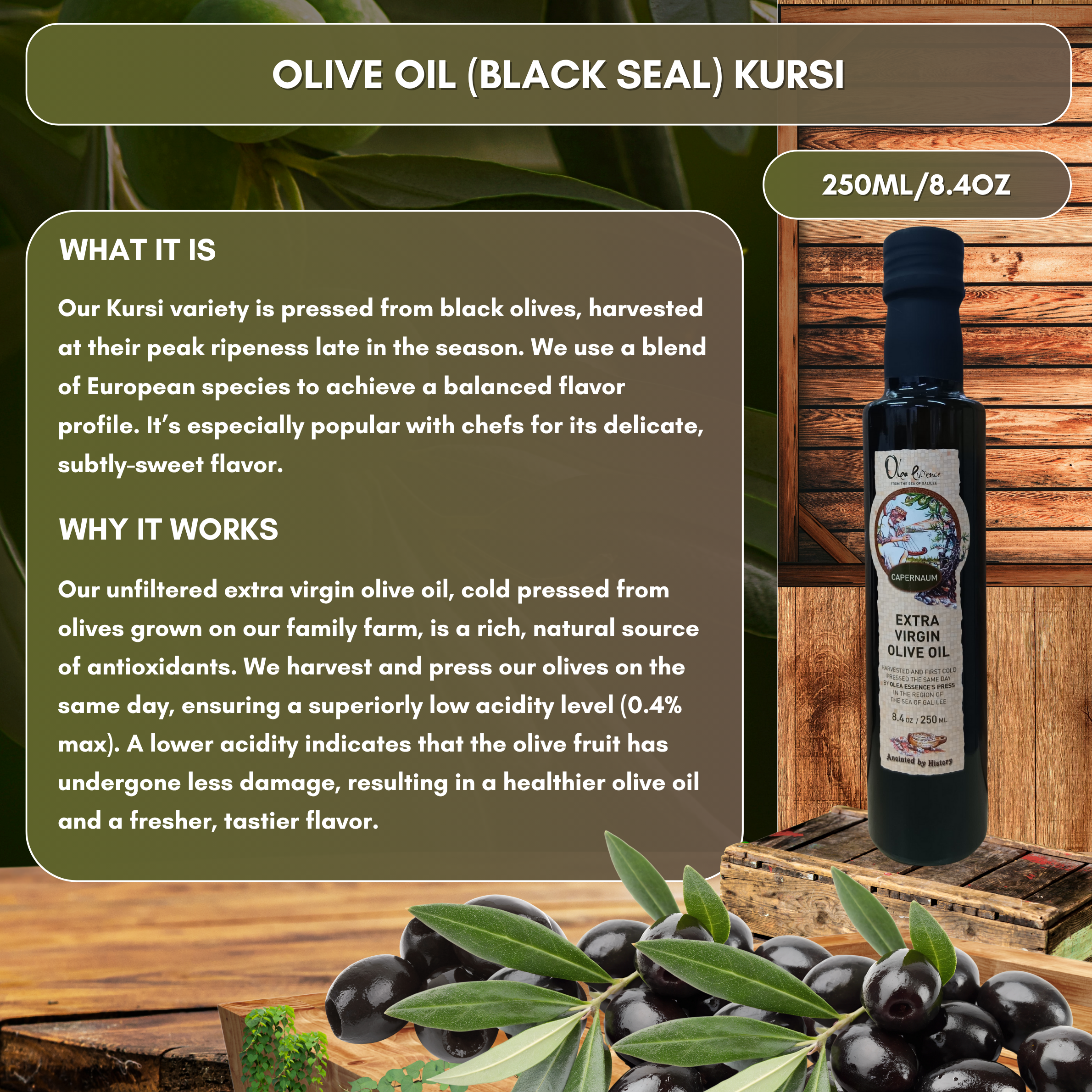 Kursi (Black Seal) Extra Virgin Olive Oil - Bottle - 250 mL/8.4 oz