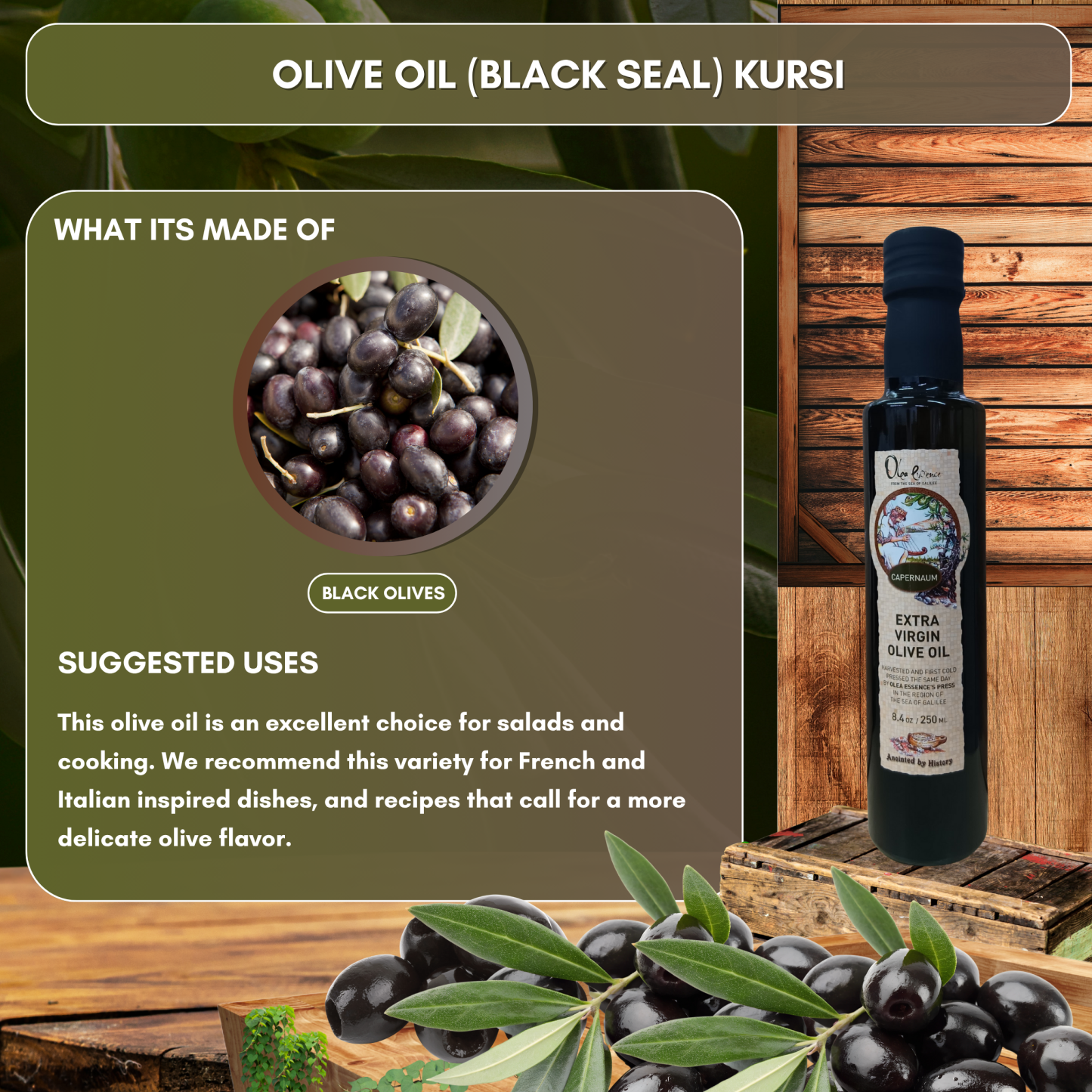 Kursi (Black Seal) Extra Virgin Olive Oil - Bottle - 250 mL/8.4 oz