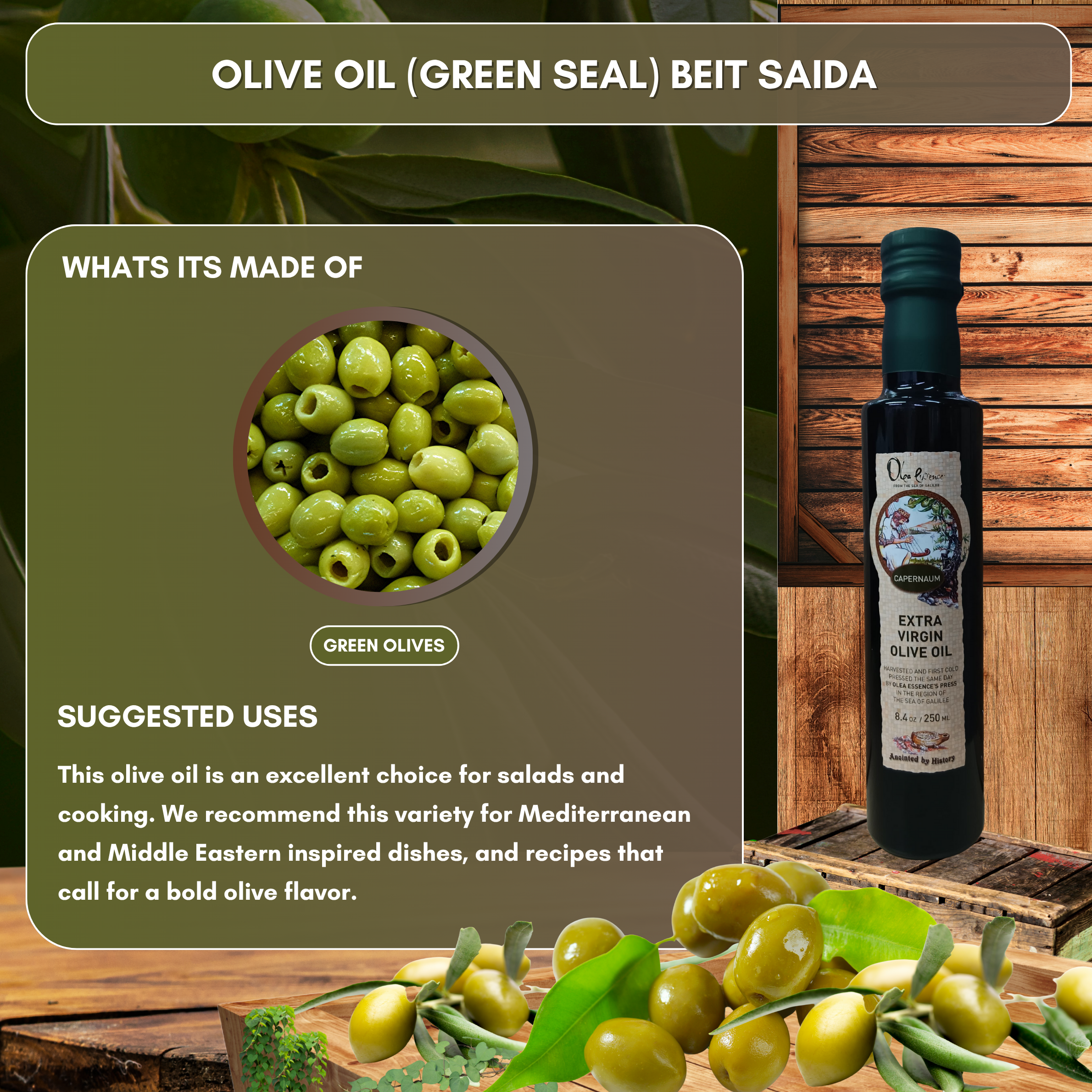Beit Saida (Green Seal) Extra Virgin Olive Oil - Bottle - 250mL/8.4 oz