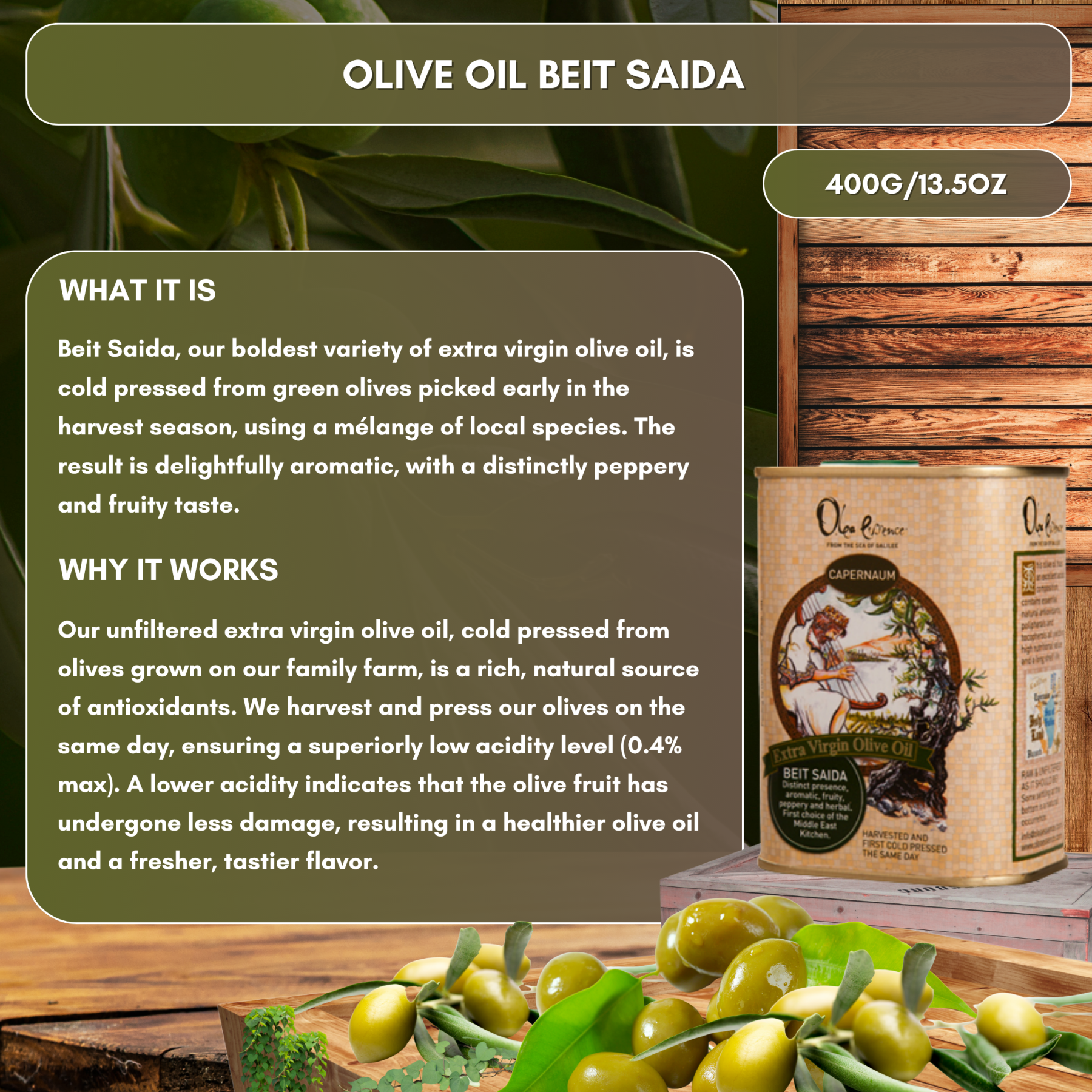 Beit Saida (Green Seal) Extra Virgin Olive Oil - Can - 400mL/13.5oz