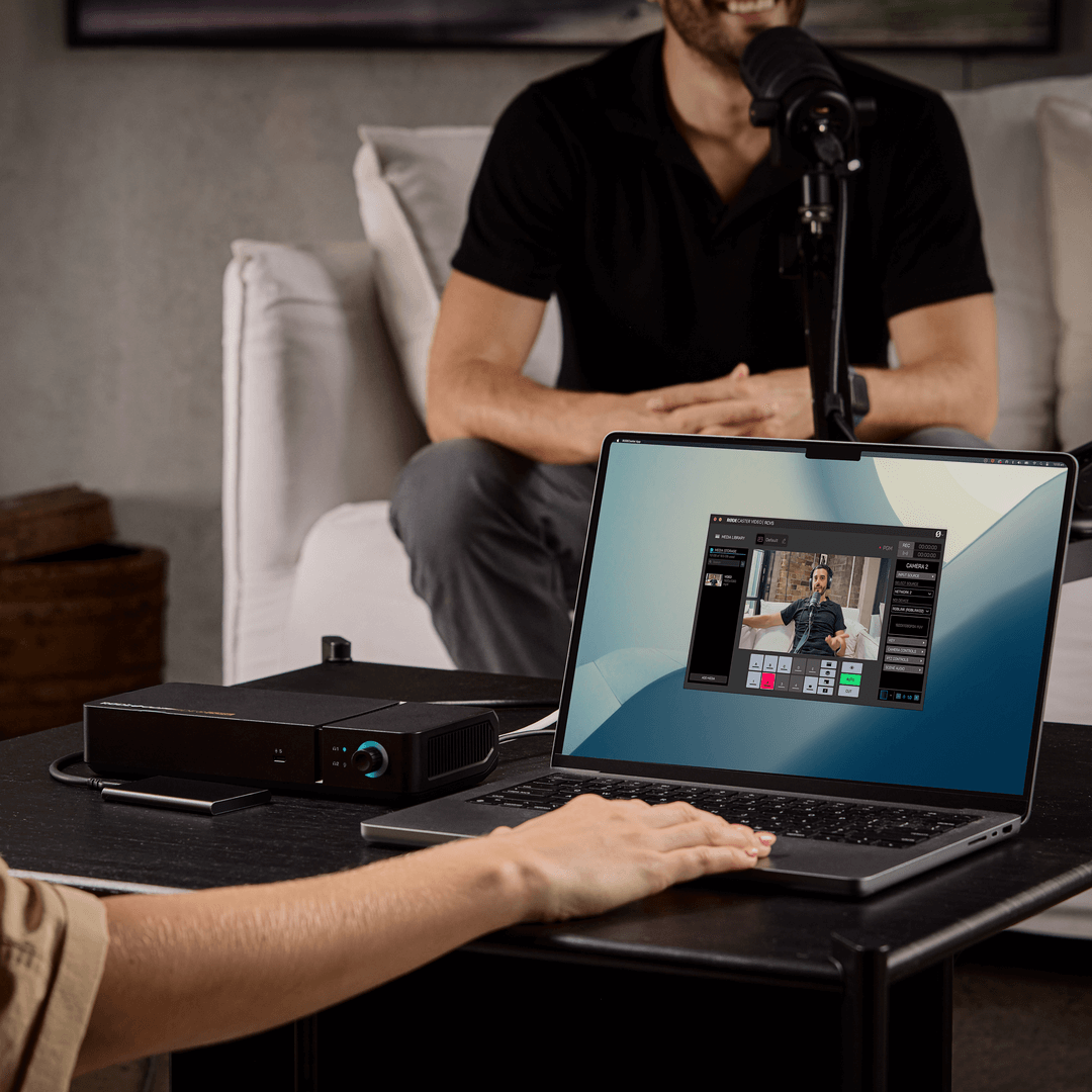 Person using RØDECaster Video setup to broadcast cooking show