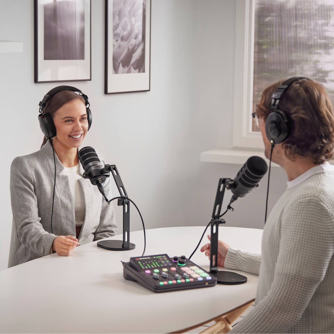 Two PodMic USBs on DS2s connected to R&Oslash;DECaster Duo for podcasting