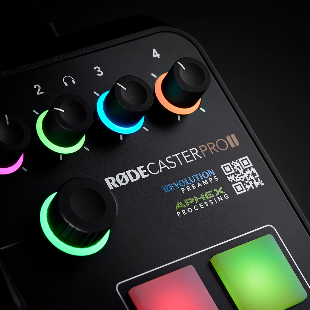 R&Oslash;DECaster Pro II on black with close up shot of headphones volume knobs
