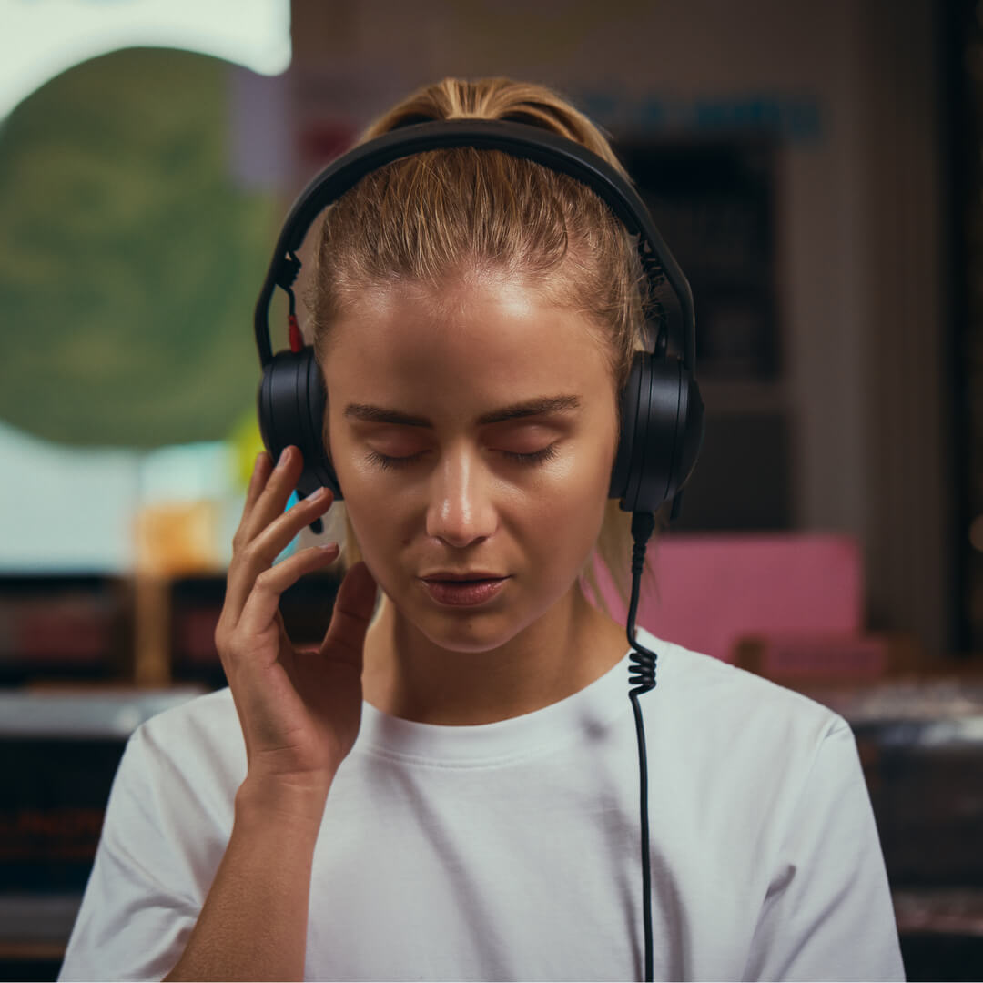 Record store shopper listening with NTH-50