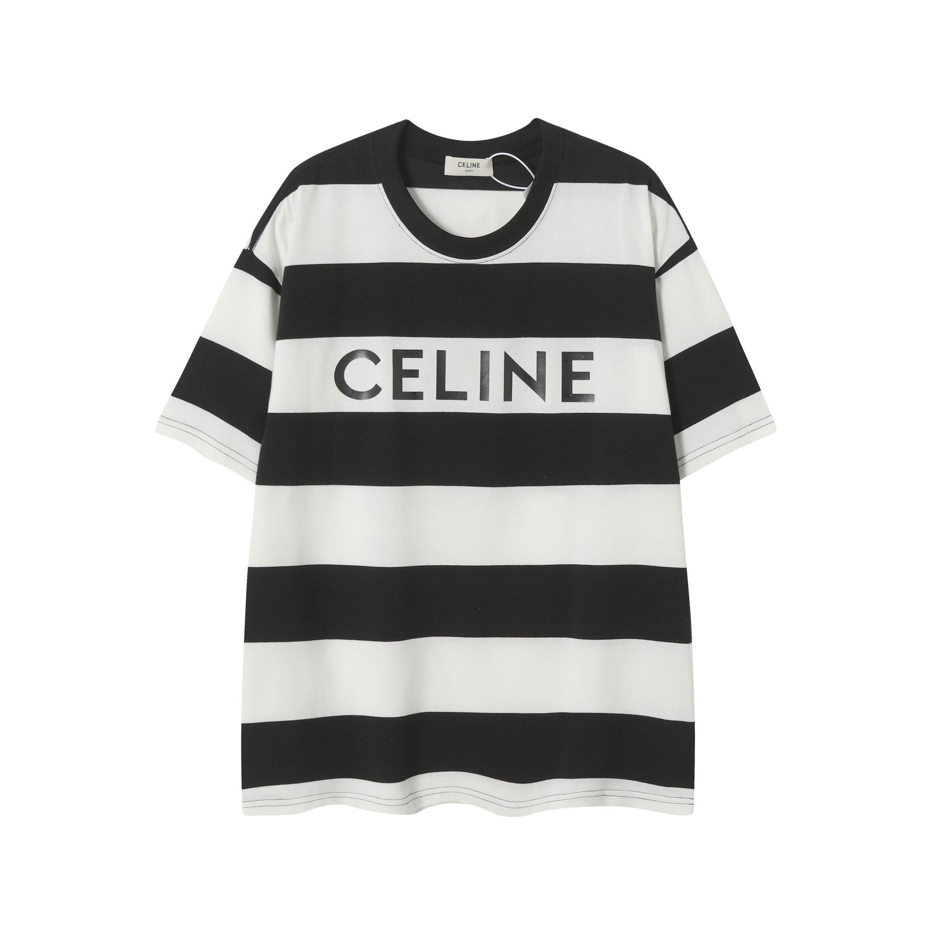 2025年夏新作 CELINE ストライプロゴプリント ルーズ 半袖Tシャツ 【男女兼用】