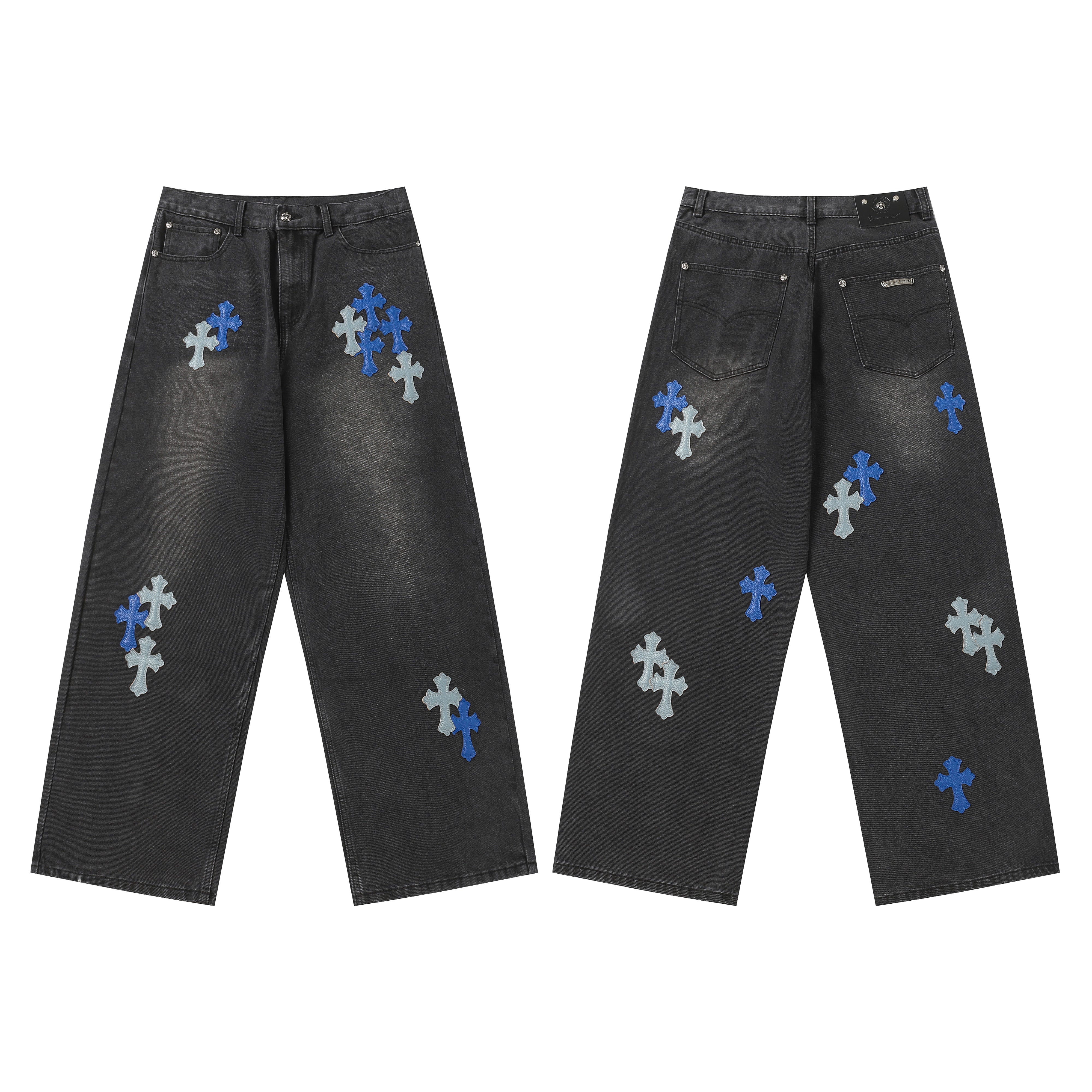 【Chrome Hearts】クロムハーツ グレー＆ブルーレザー クロスパッチジーンズ