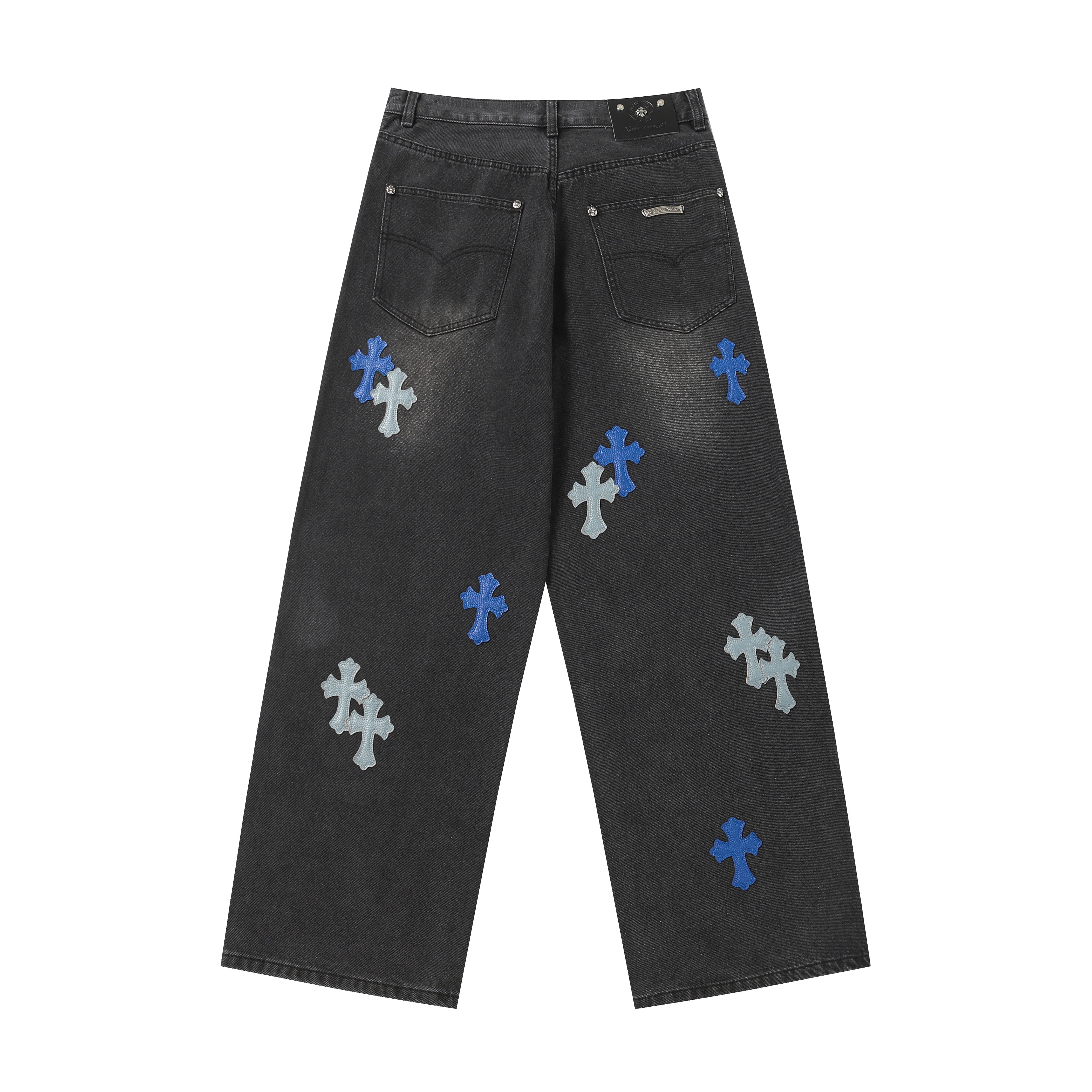 【Chrome Hearts】クロムハーツ グレー＆ブルーレザー クロスパッチジーンズ