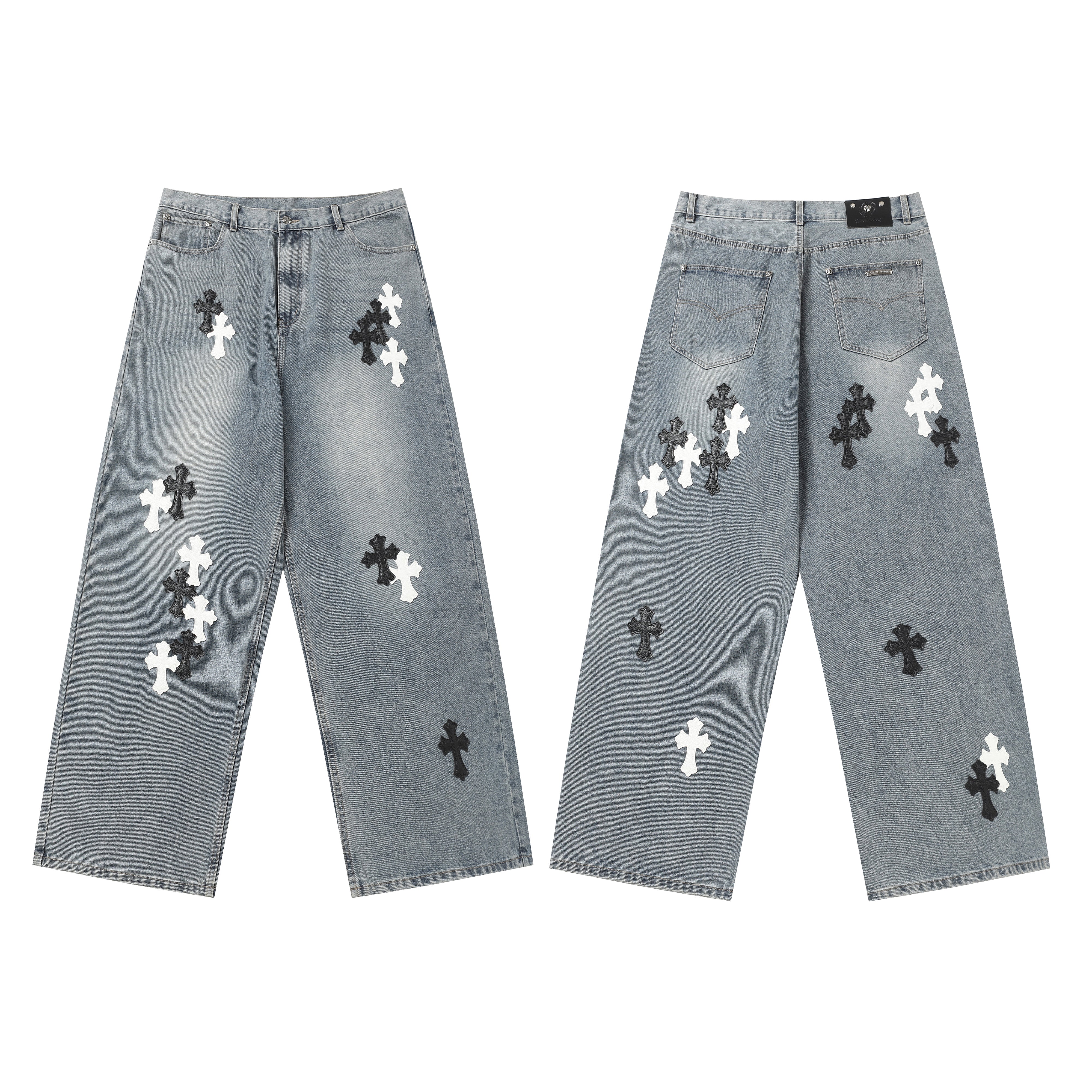 【Chrome Hearts】クロムハーツ ホワイト＆ブラック レザー クロスパッチ ジーンズ
