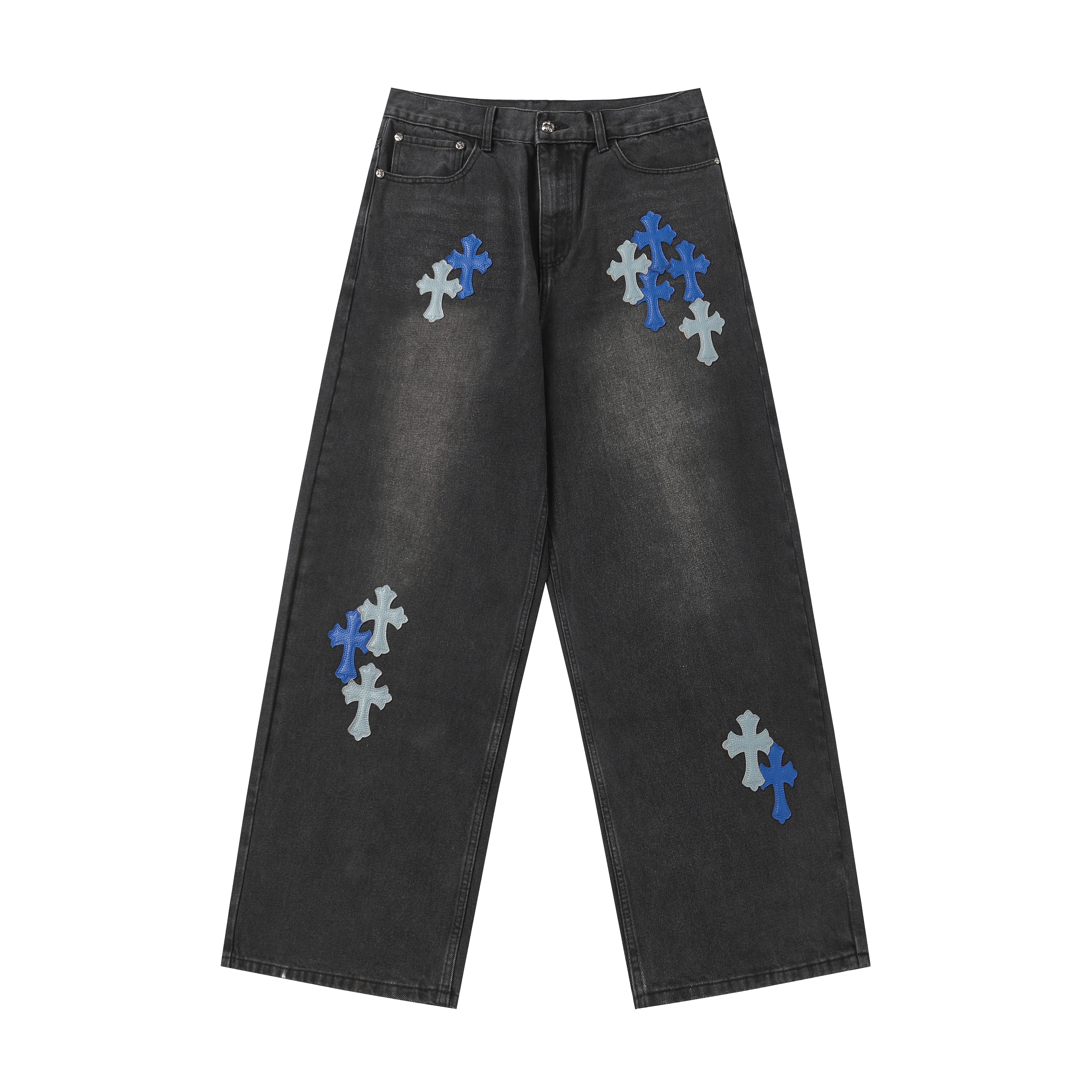 【Chrome Hearts】クロムハーツ グレー＆ブルーレザー クロスパッチジーンズ
