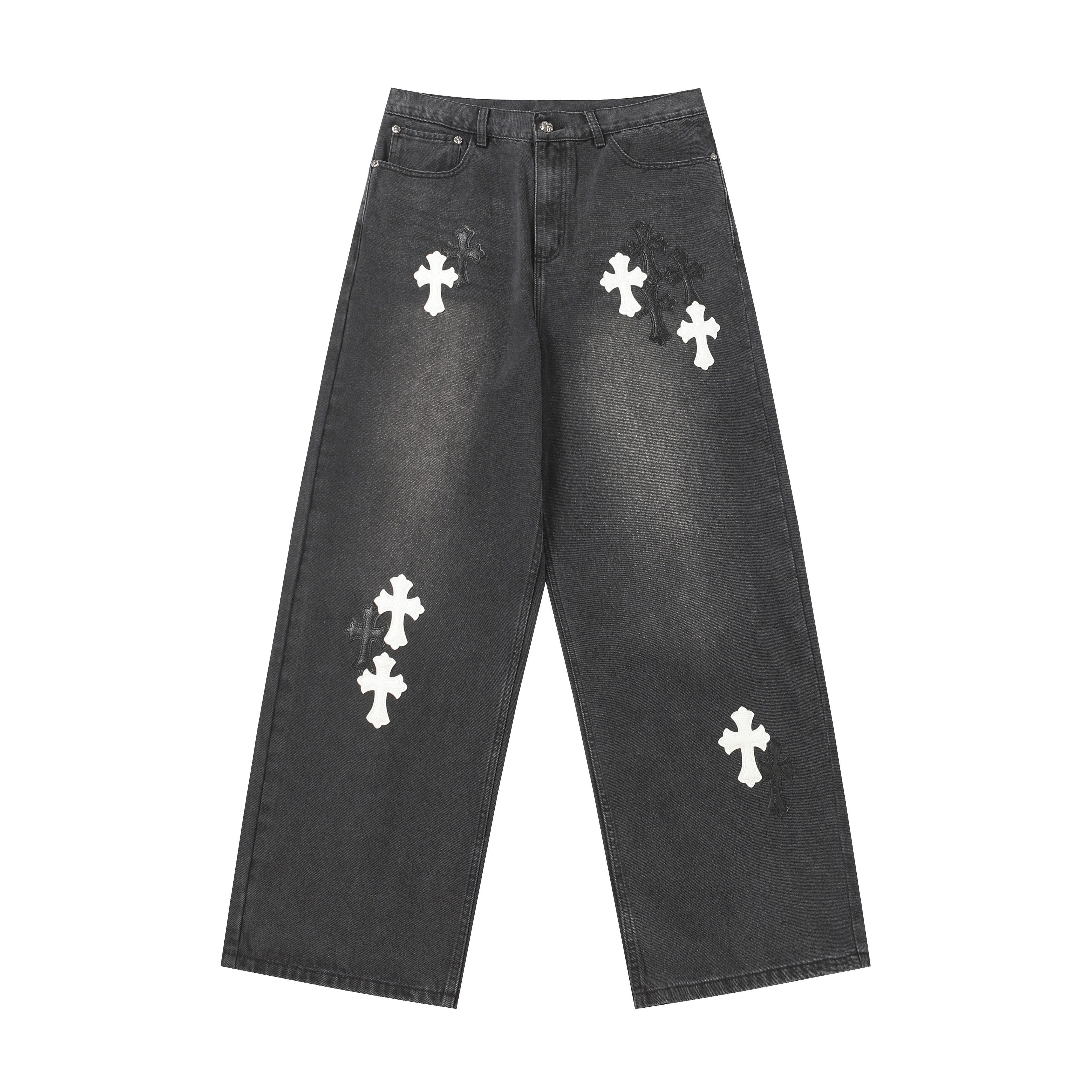 【Chrome Hearts】クロムハーツ ホワイト＆ブラック レザー クロスパッチ ジーンズ