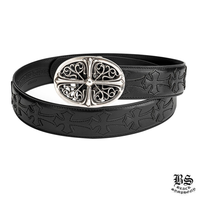 クロムハーツ クラシックオーバルクロスバックル＆プレーンブラックレザー1.5ホースシューリベット ベルトセット