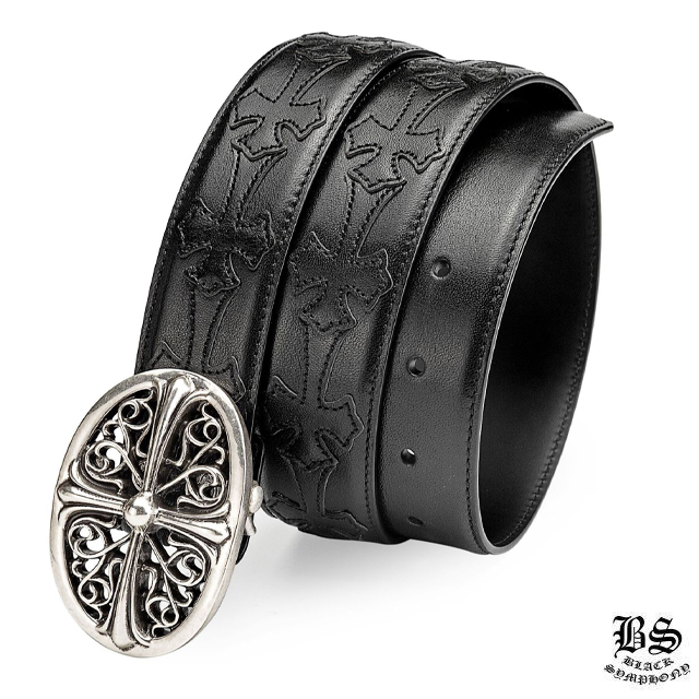 クロムハーツ クラシックオーバルクロスバックル＆プレーンブラックレザー1.5ホースシューリベット ベルトセット