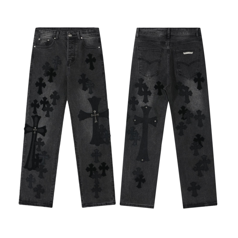 【Chrome Hearts】クロムハーツ ブラック＆グレー シルバークロスパッチジーンズ
