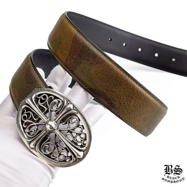 クロムハーツ クラシックオーバルクロスバックル＆プレーンブラックレザー1.5ホースシューリベット ベルトセット