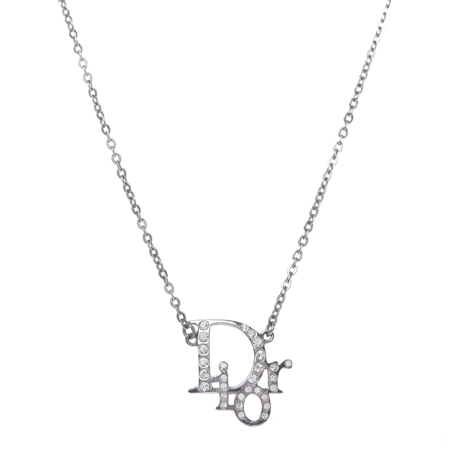 【国内発送/直営店】ディオール シルバー トーン クリスタル アクセント ロゴ ペンダント ネックレス