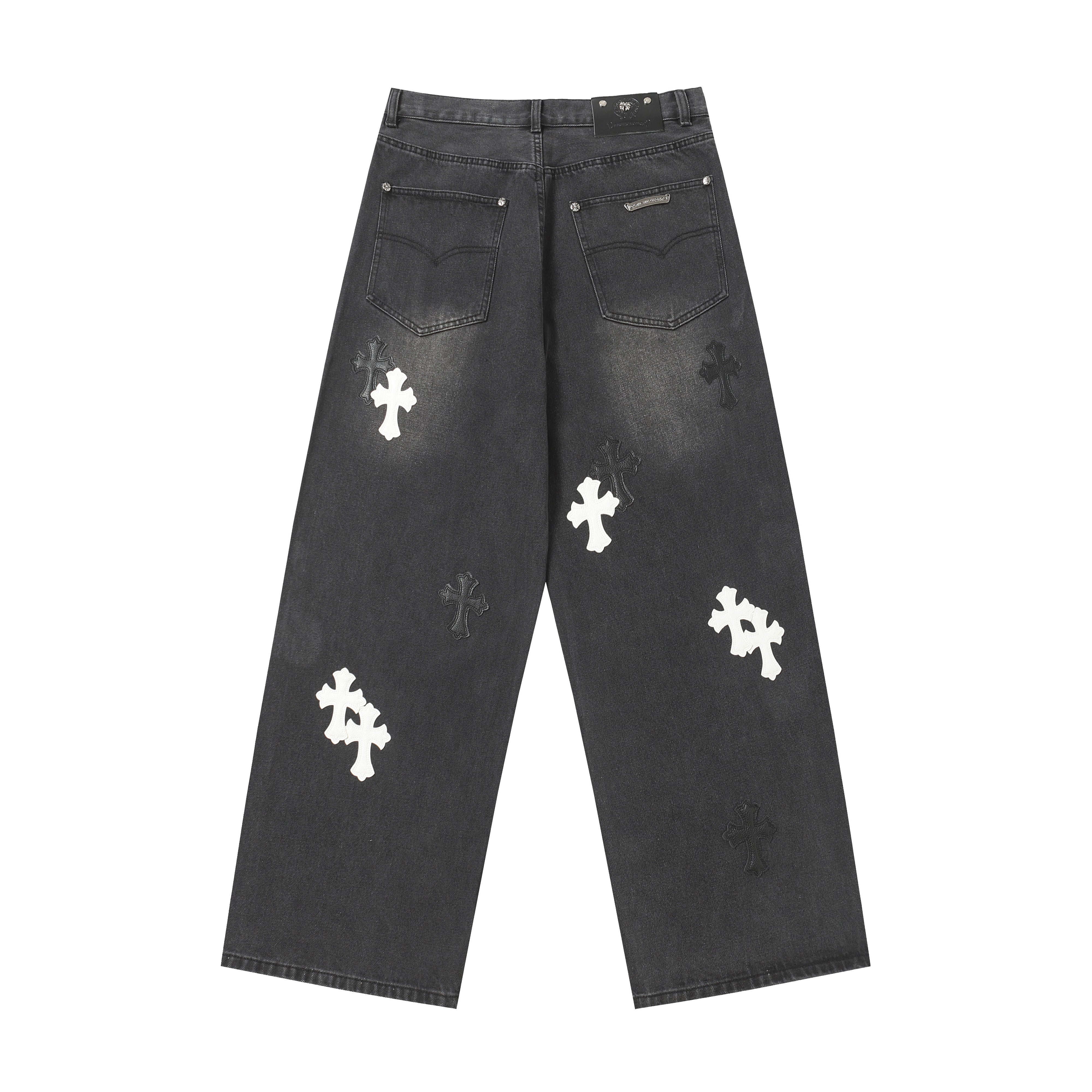 【Chrome Hearts】クロムハーツ ホワイト＆ブラック レザー クロスパッチ ジーンズ