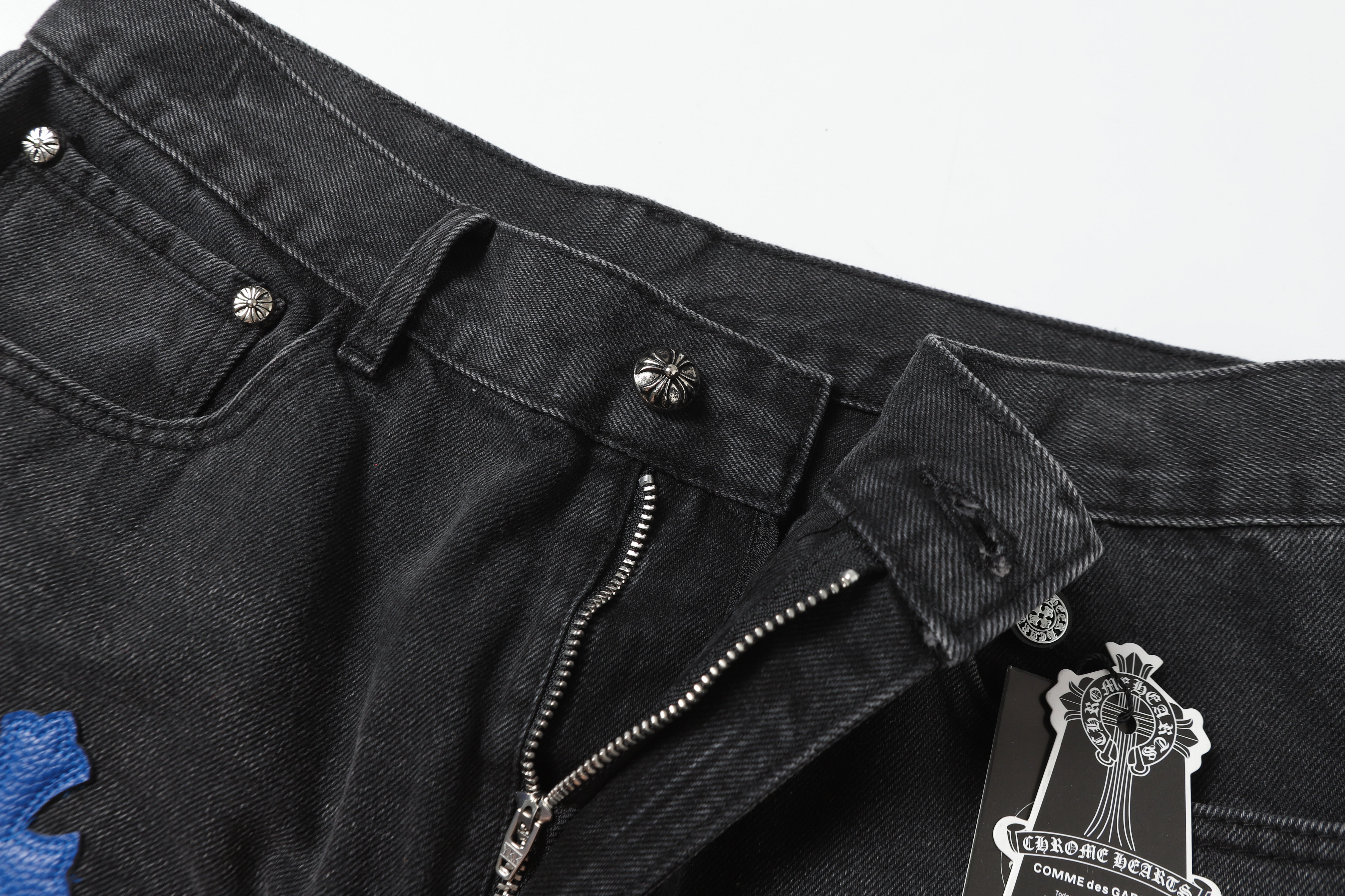 【Chrome Hearts】クロムハーツ グレー＆ブルーレザー クロスパッチジーンズ