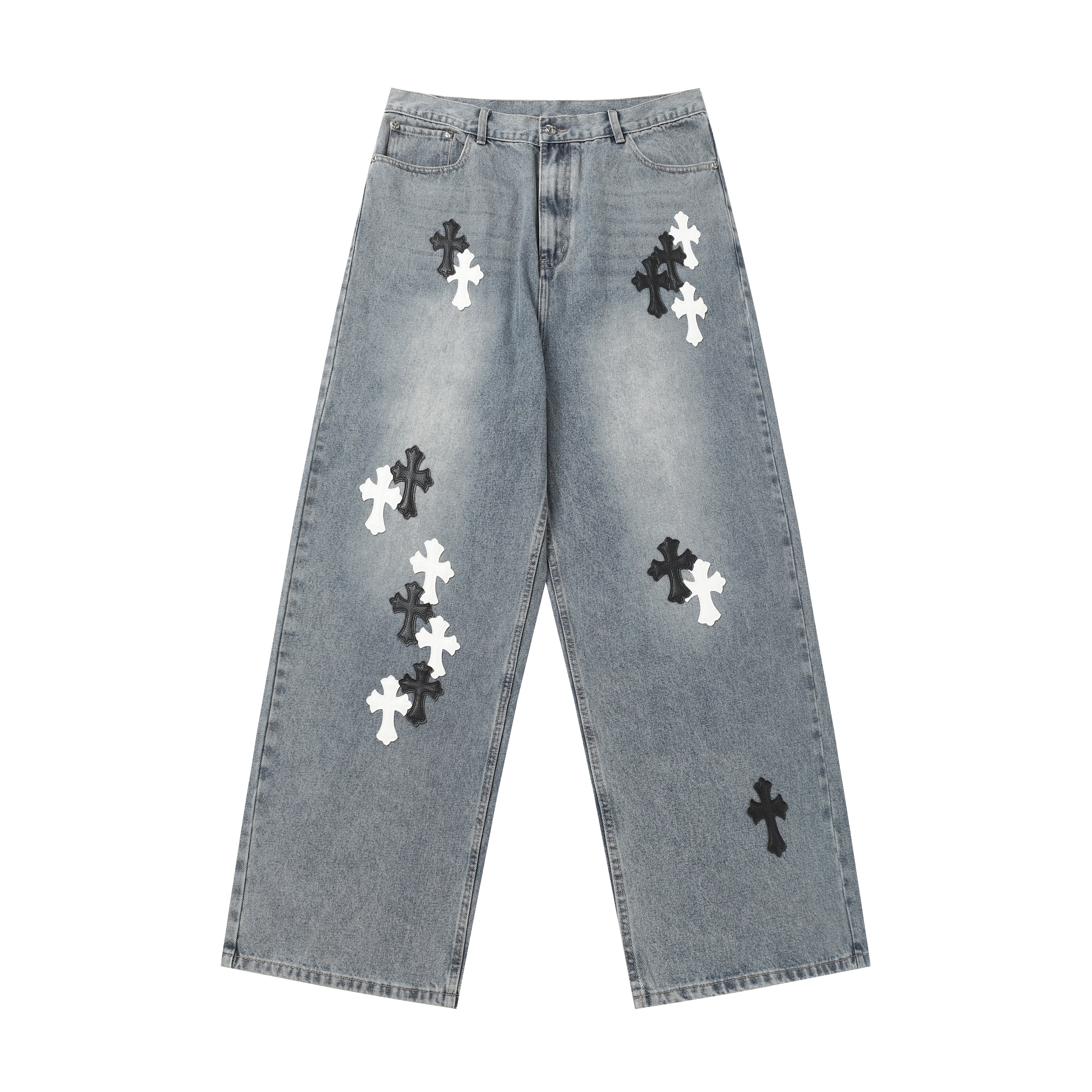 【Chrome Hearts】クロムハーツ ホワイト＆ブラック レザー クロスパッチ ジーンズ