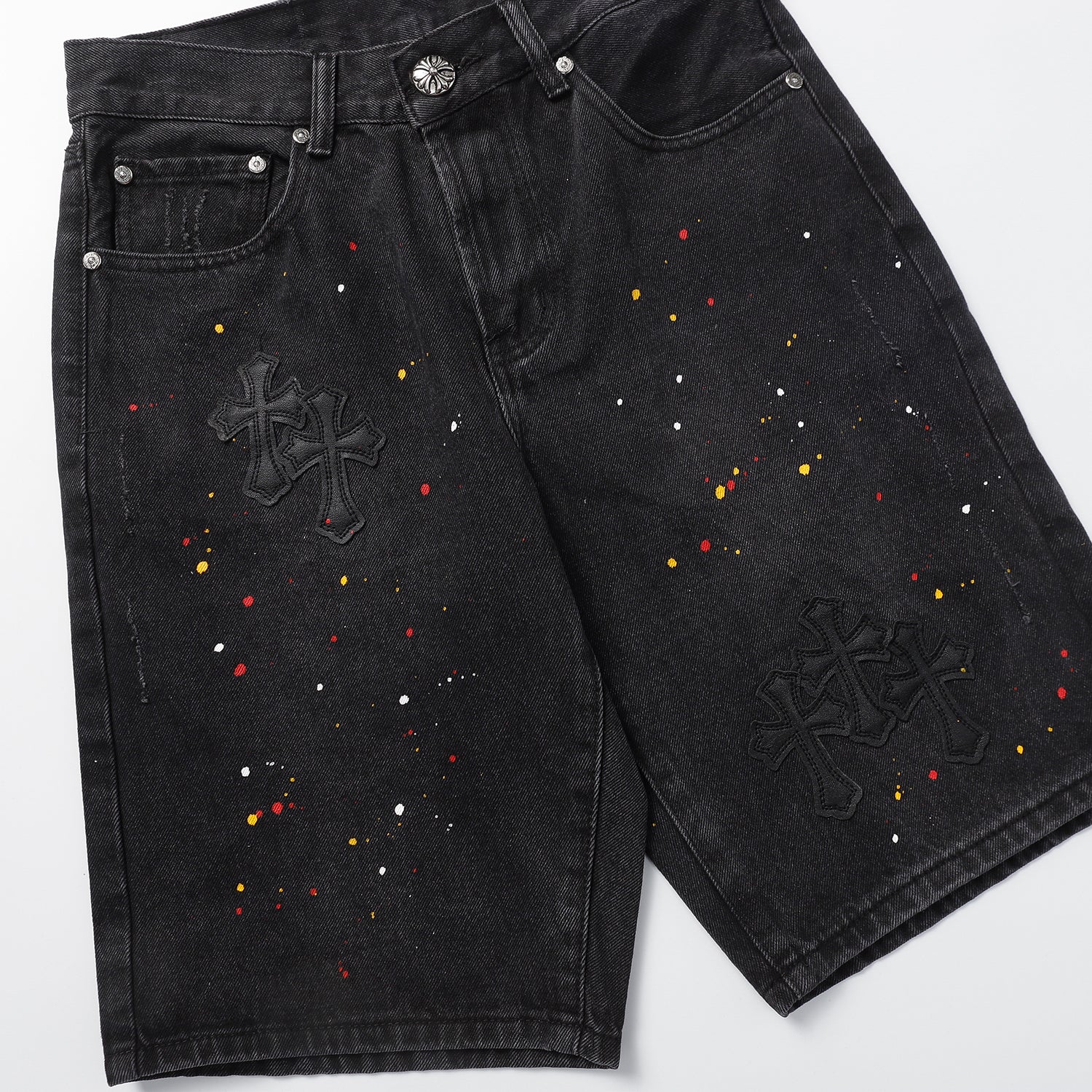 【Chrome Hearts】クロムハーツ クロスパッチ 刺繍＆ハンドペイント デニムショートパンツ 9927
