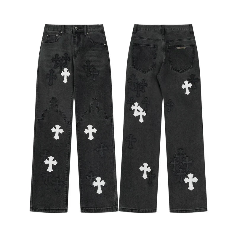【Chrome Hearts】クロムハーツ ブラック＆ホワイト クロスパッチ フレイムニージーンズ