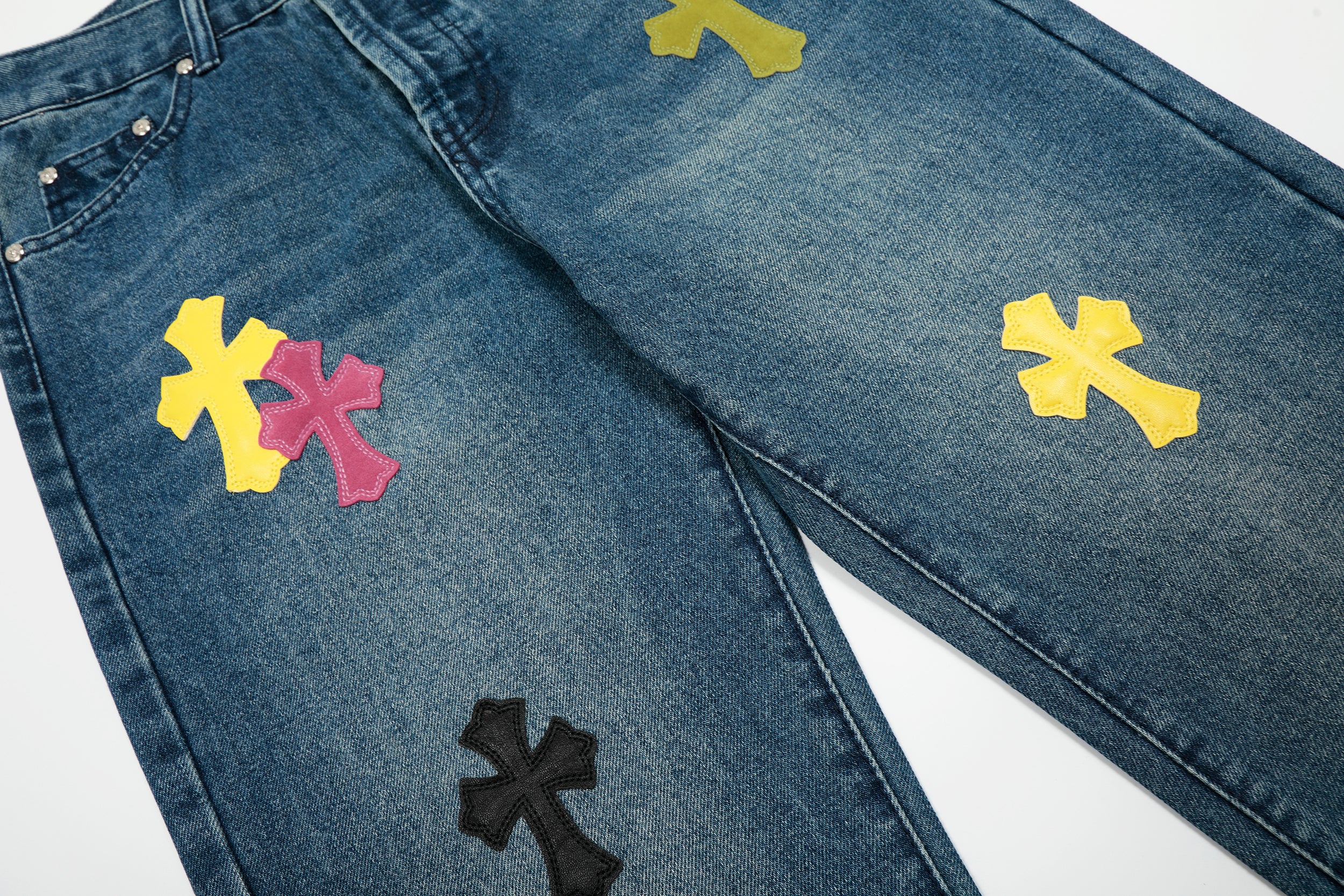 【Chrome Hearts】クロムハーツ 限定版 カラフルレザー マルチカラー ハイストリートワークジーンズ