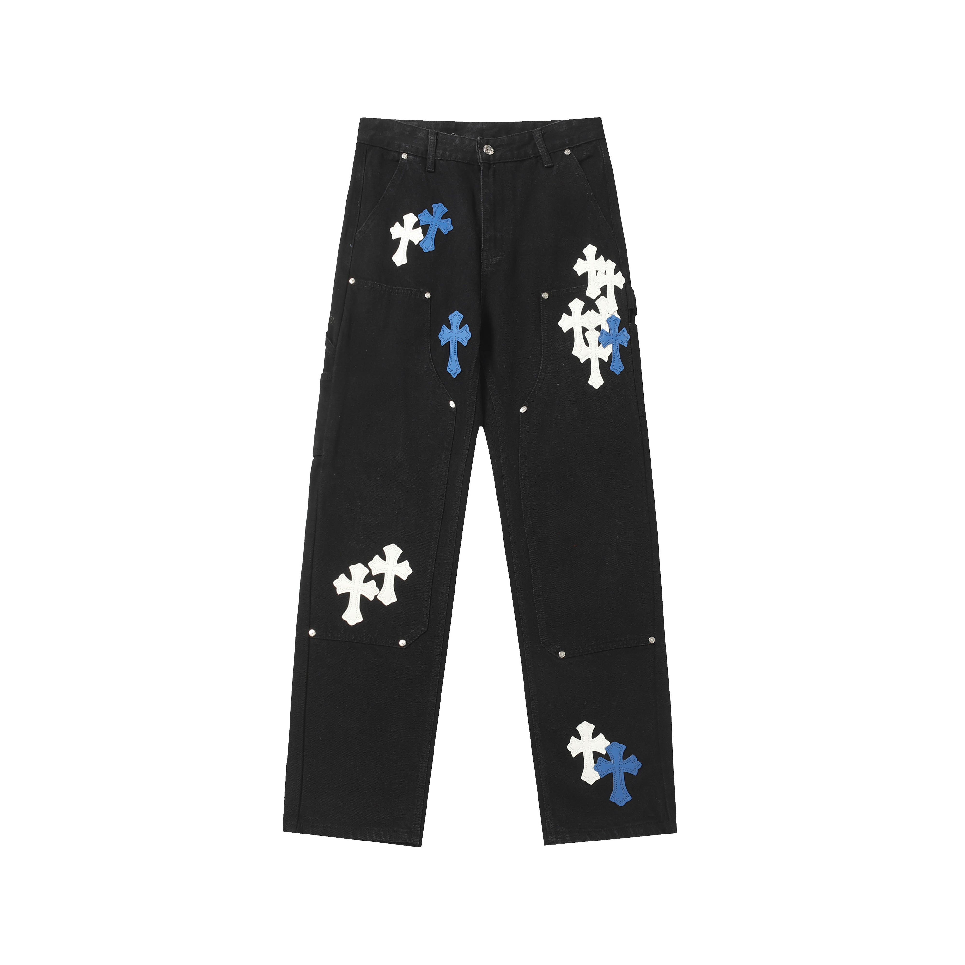 【Chrome Hearts】クロムハーツ ホワイト＆ブルー レザー クロスパッチ ジーンズ