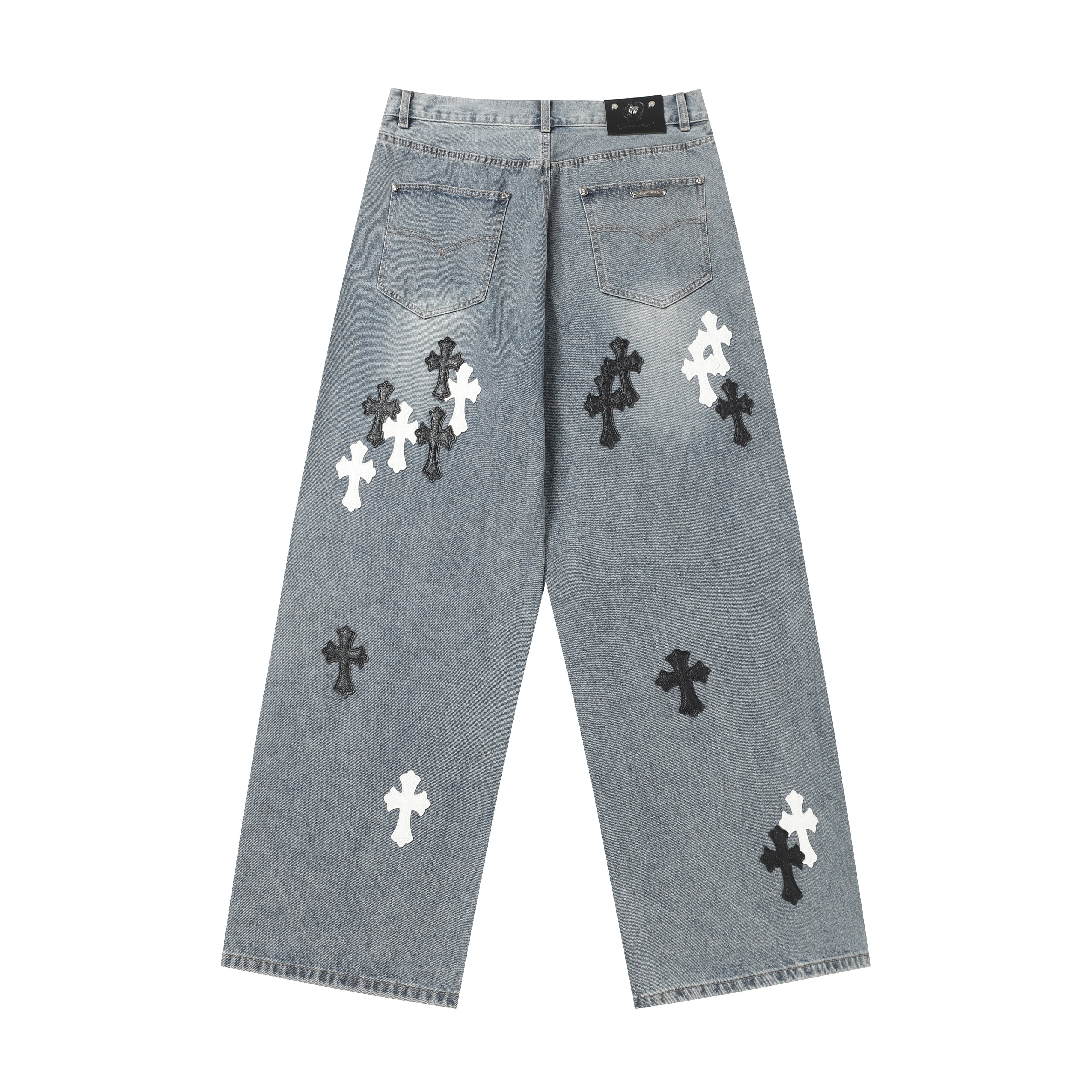 【Chrome Hearts】クロムハーツ ホワイト＆ブラック レザー クロスパッチ ジーンズ