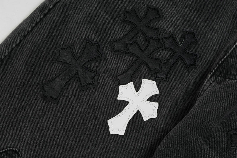【Chrome Hearts】クロムハーツ ブラック＆ホワイト クロスパッチ フレイムニージーンズ